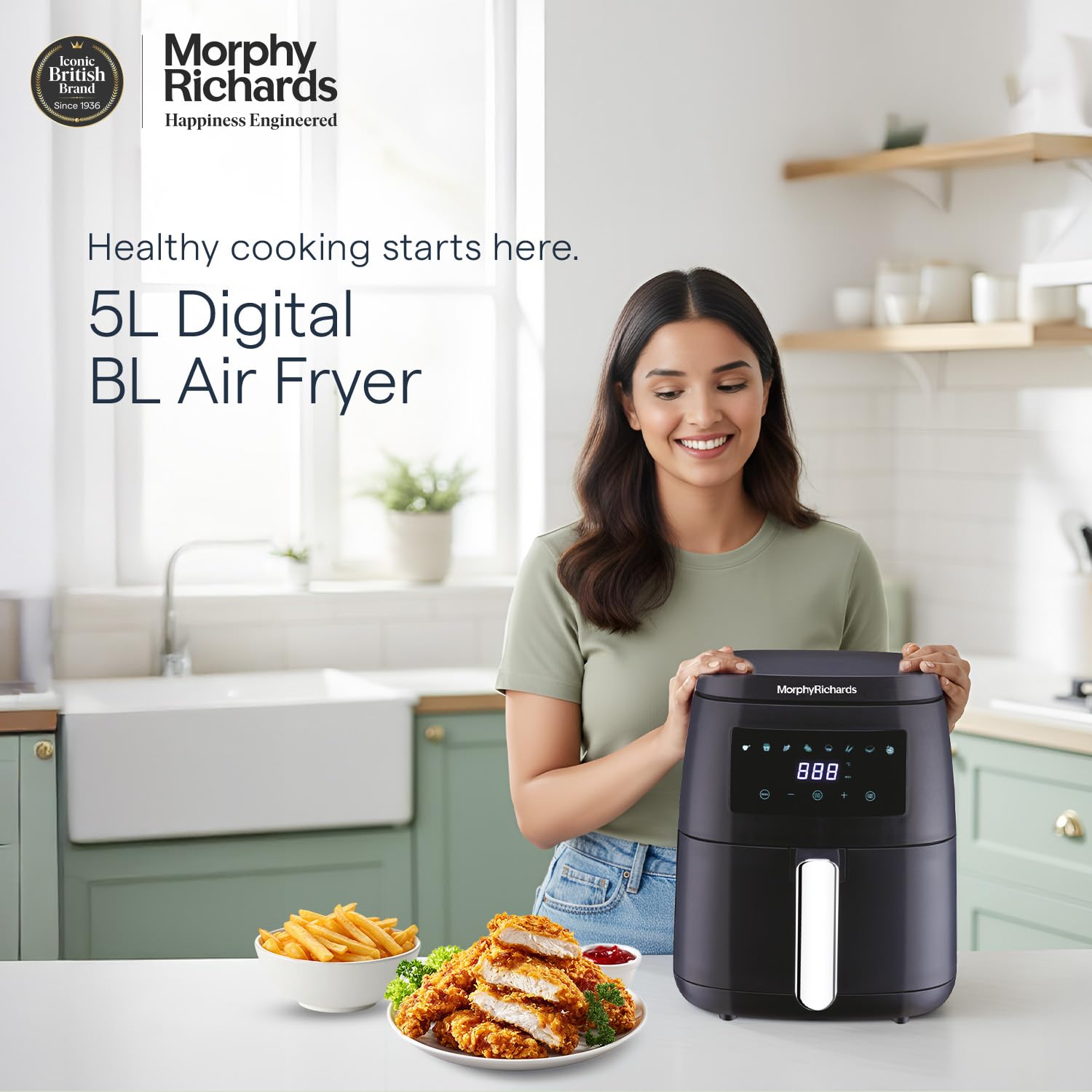 Morphy Richards Digital Air Fryer For Home|1500W With Digital Control|Dual Fan Technology|Adjustable Time & Temperature Control|Voltage Fluctuation Protection|2-Yr Warranty By Brand|Black, 5 liter Mahajan Electronics Online