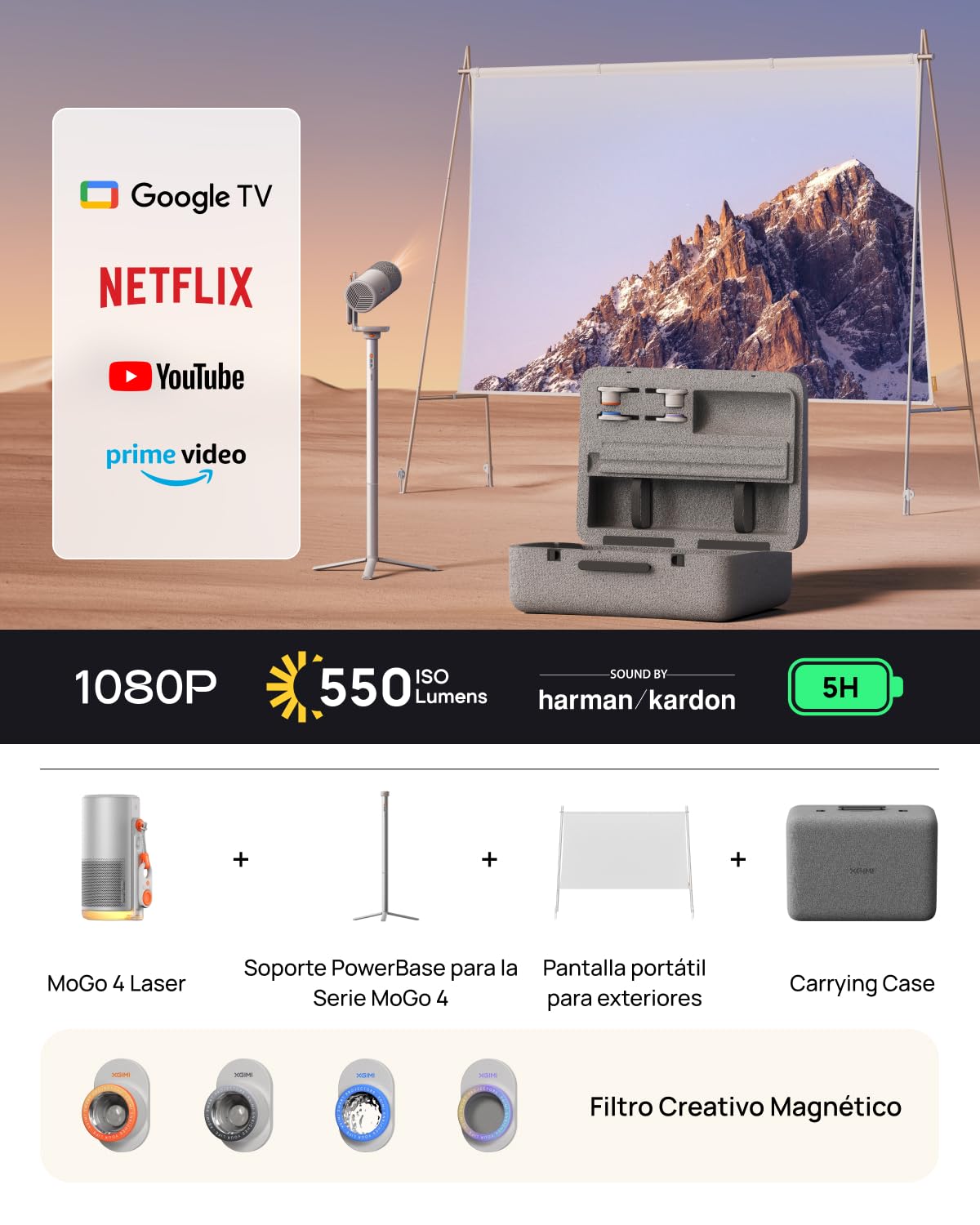 XGIMI MoGo 4 Laser Outdoor Projector Set | 550 ISO Lumens | Google TV &amp; Netflix | 1080p | 5-Hour PowerBase | Mahajan Electronics Delhi NCR