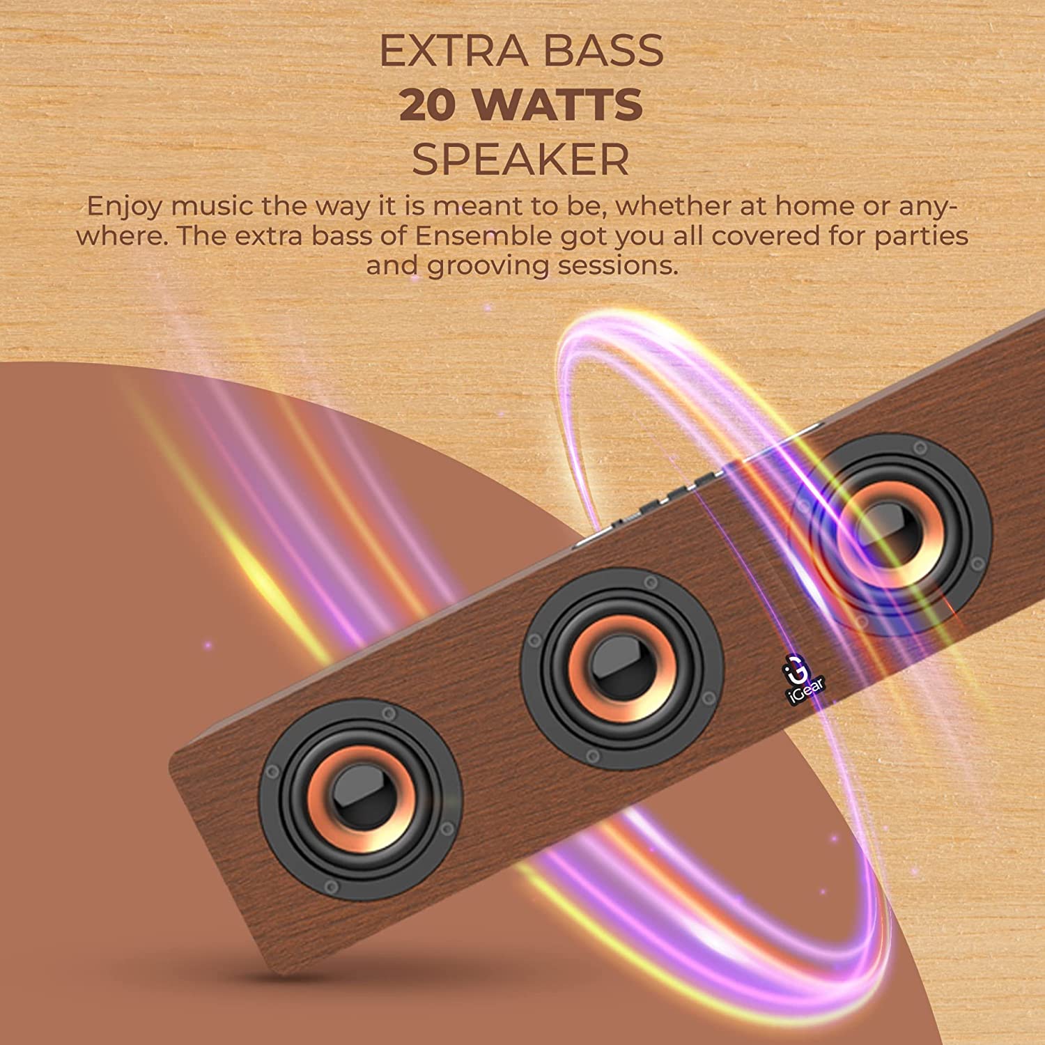 i GEAR 1130 Ensemble 20 watts Wooden Portable Soundbar with Wireless Bluetooth connectivity, Rechargeable, with USB/TF Card Support, FM Mode and Sub-woofer for Extra Bass - Mahajan Electronics Online