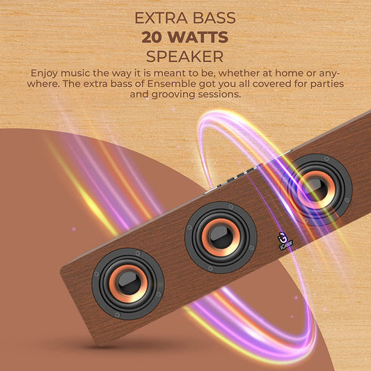 i GEAR 1130 Ensemble 20 watts Wooden Portable Soundbar with Wireless Bluetooth connectivity, Rechargeable, with USB/TF Card Support, FM Mode and Sub-woofer for Extra Bass - Mahajan Electronics Online