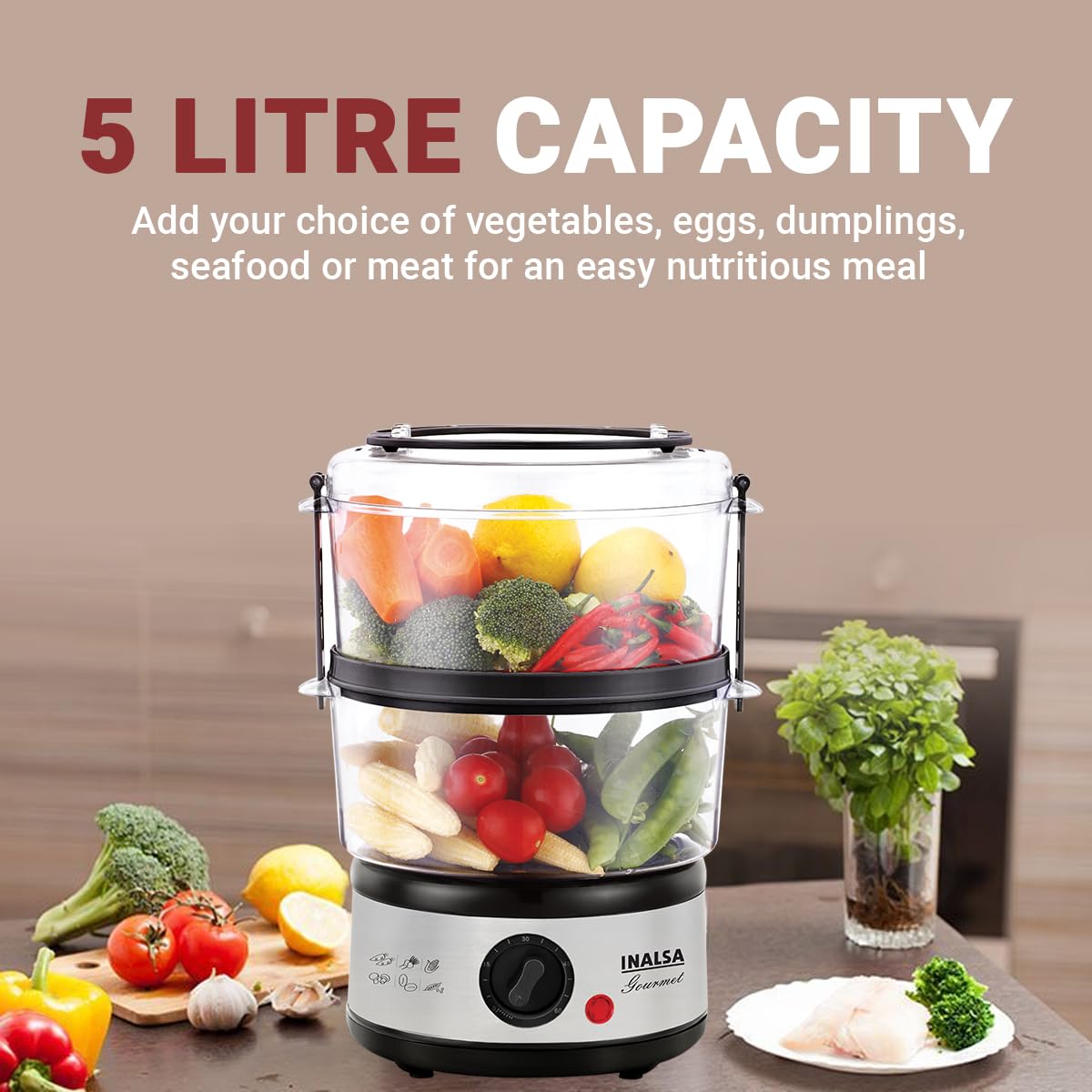 Inalsa 5L Gourmet Multi-Function 500W-Food Steamer & Egg Boiler with LED Indicator,BPA-Free 2 Tier Stackable Baskets,Stainless Steel Base,Fits 14 Eggs in One Go (Black/Silver) INALSA