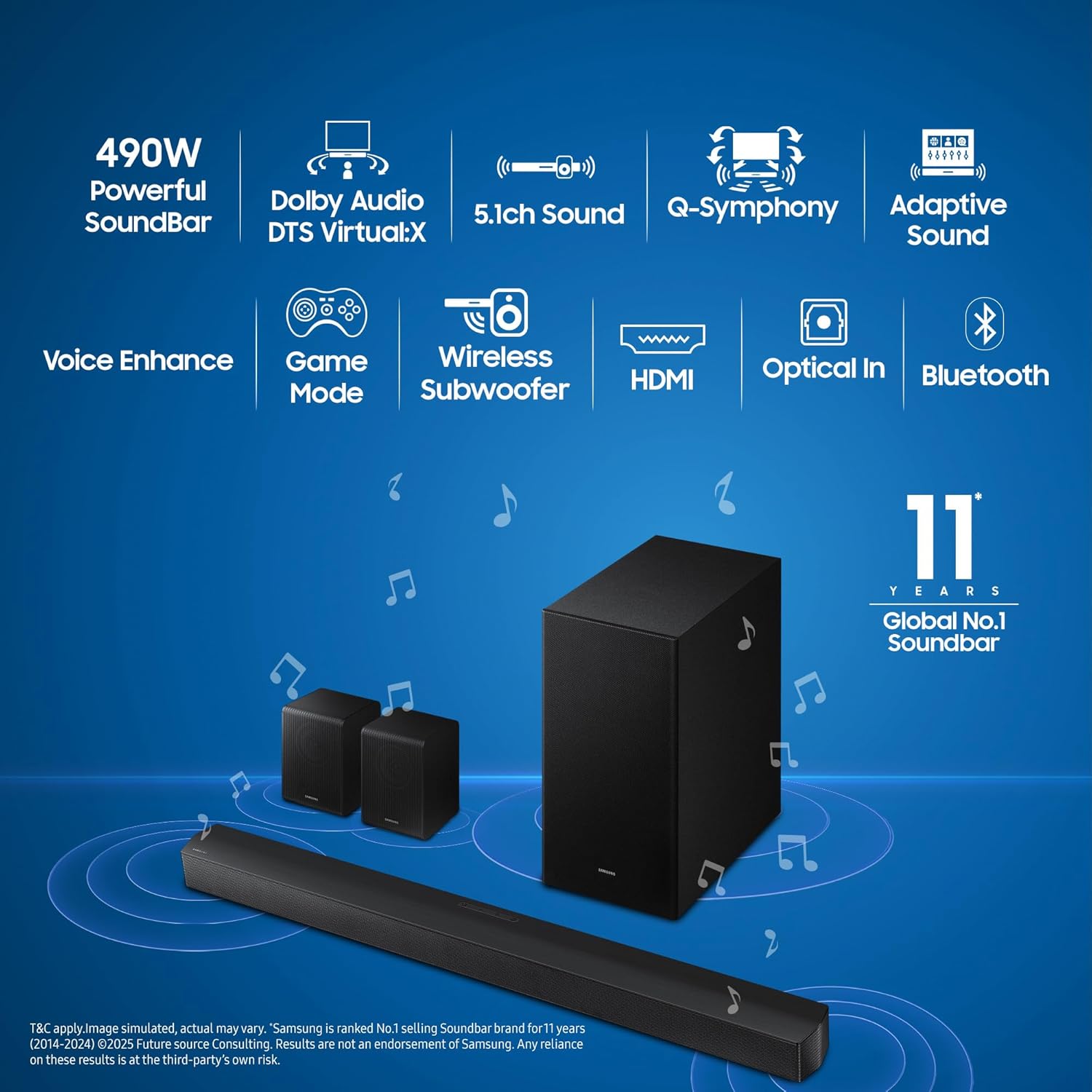 Samsung HW-B67EF/XL 490 W 5.1 ch Soundbar with Center Speaker | Dolby Audio | DTS Virtual:X | Q-Symphony | Wireless Rear Speaker | HDMI ARC|Bluetooth | USB Music Playback | Wireless Subwoofer ( Black) Samsung