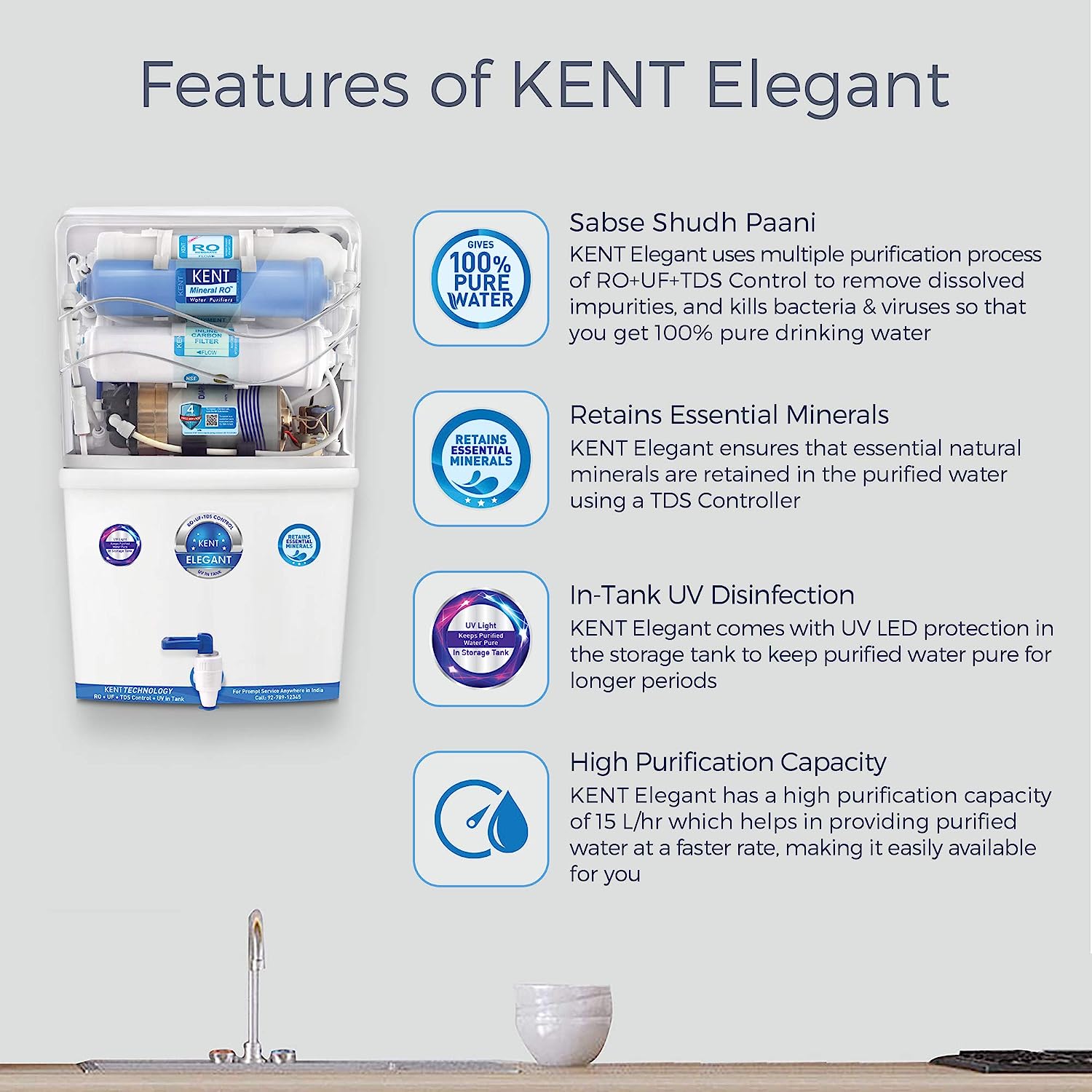 KENT Elegant Compact RO+UF Water Purifier | Patented Mineral RO Technology | RO + UF + TDS Control + UV In-tank | 15 LPH Output | 8L Storage - Mahajan Electronics Online