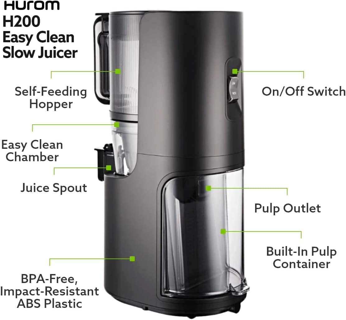 Hurom H-200 Easy Clean Electronic Juicer Machine (Black) - Self Feeding Slow Juicer with Big Mouth Hopper to Fit Whole Fruits & Vegetables - Mahajan Electronics Online