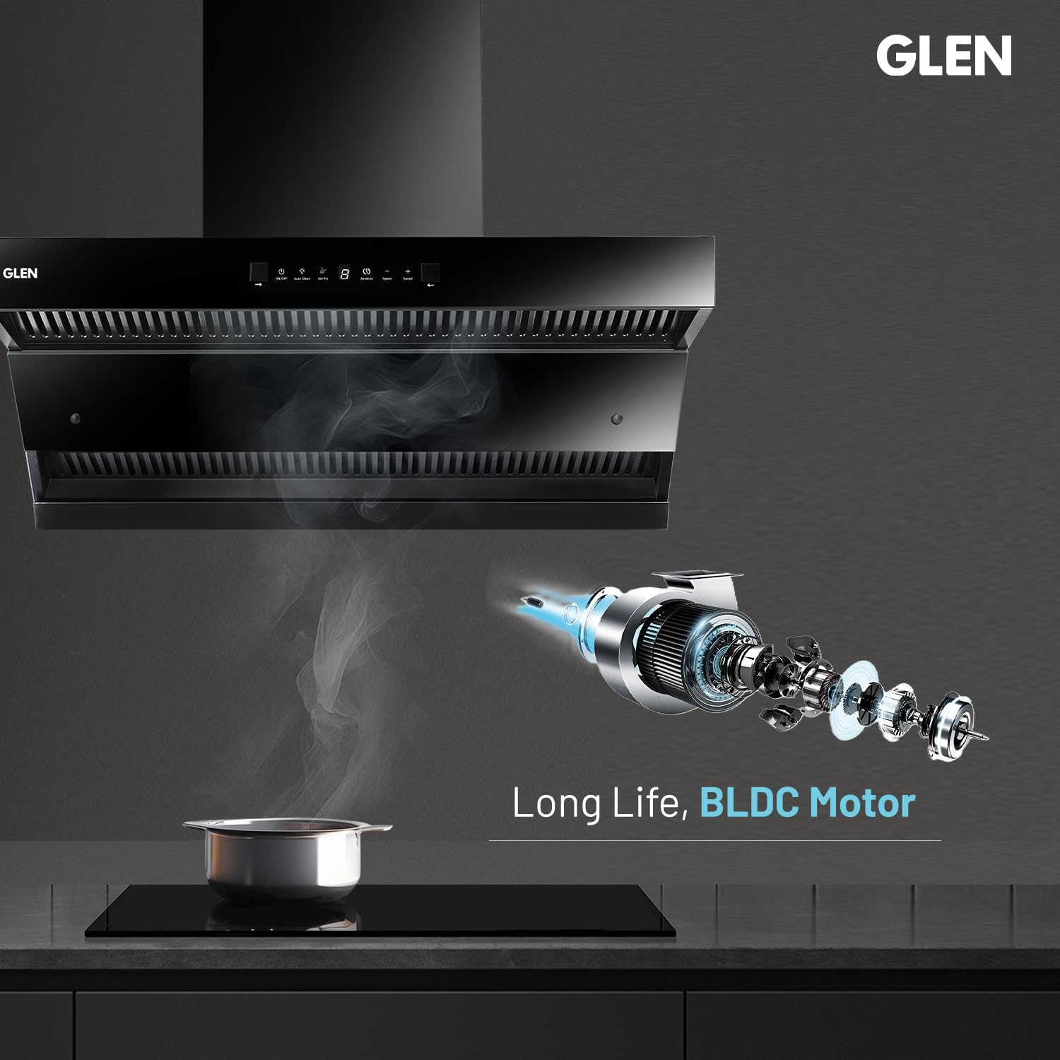 Glen CH 6076 HSR DC AC Auto Clean Chimney with Double Draft Suction and Heat Sensor, BLDC Motor 75cm 1600 m3/h - Black Mahajan Electronics Online