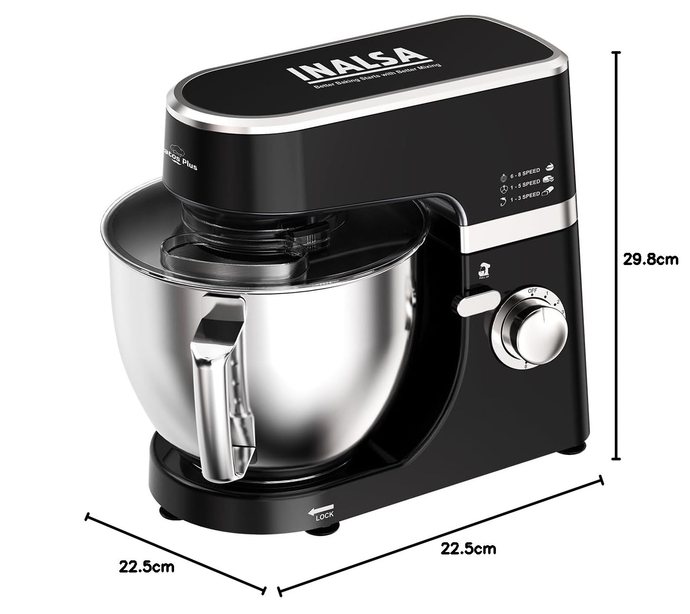 INALSA Stand Mixer 1200W|Pure Copper Motor|5.3L SS Bowl With Splash Guard|Metal Gears for Extra – Mahajan Electronics Online.