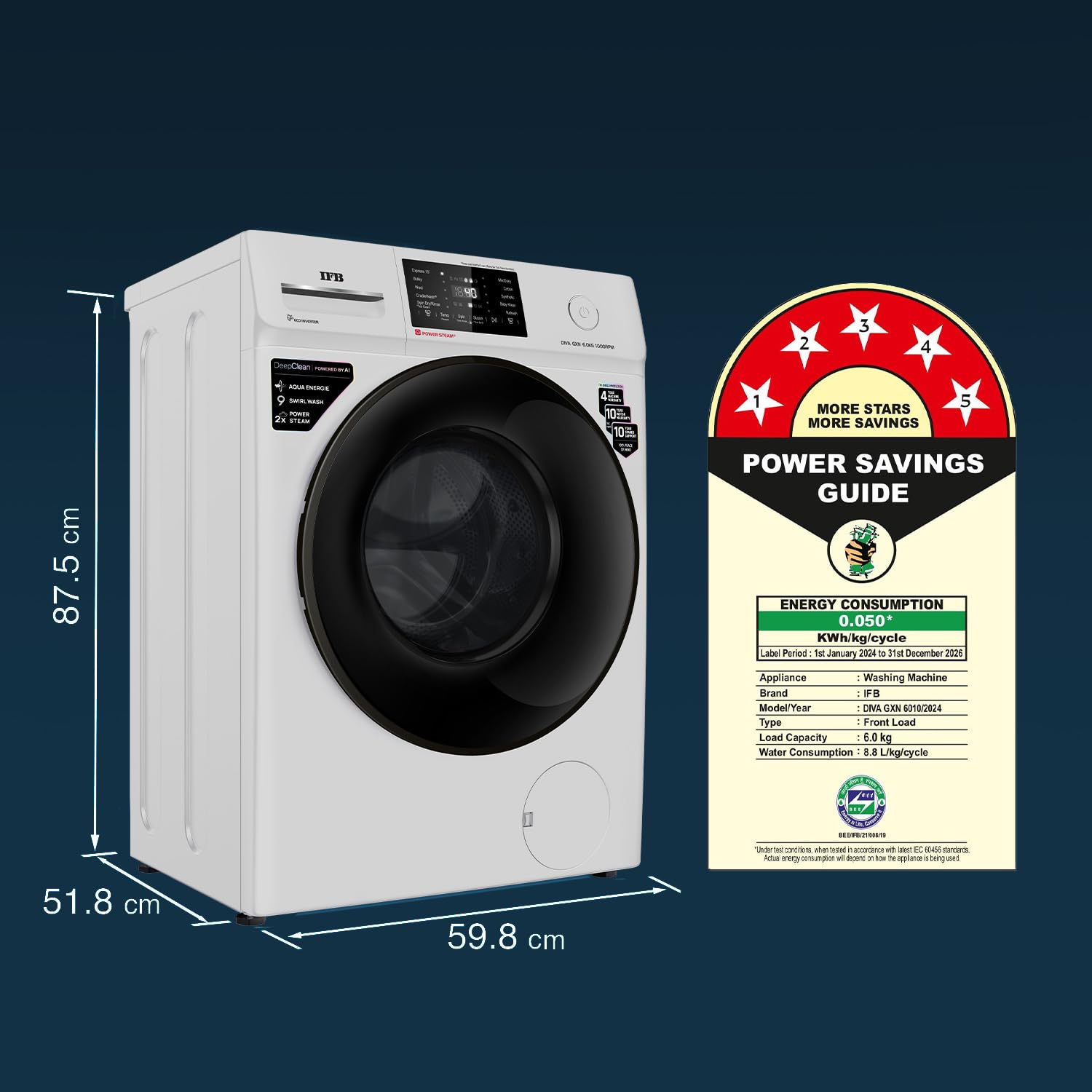 IFB DIVA GXN 6010 CMS 6 Kg 5 Star, DeepClean® Technology, AI Powered, Fully Automatic Front Load Washing Machine ( PowerSteam®, 9 Swirl, Steam Refresh, Inbuilt Heater, Eco Inverter, Grey) Mahajan Electronics Online