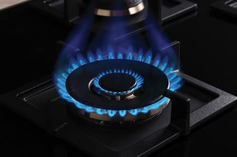 Bosch Built in Gas Hob Black Tempered glass Glass 4 Burner Auto Ignition 90 cm True Brass 2D Ring Burners with Matt Black Heat Shields & Cast Iron pan supports (PNF9B6F20I)