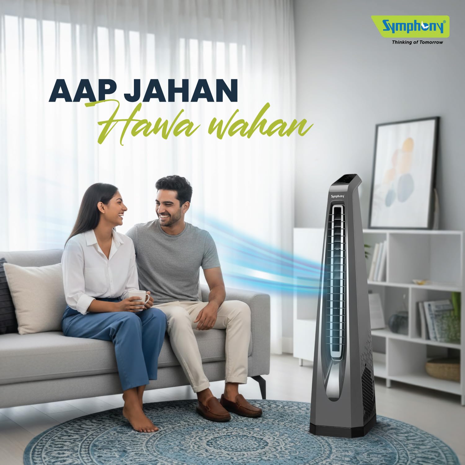 Symphony AFNTF002 Surround-i Bladeless Tower Fan for Room (Grey) | High-Speed Airflow | Touchscreen Panel | Remote Control | Swivel Action Symphony