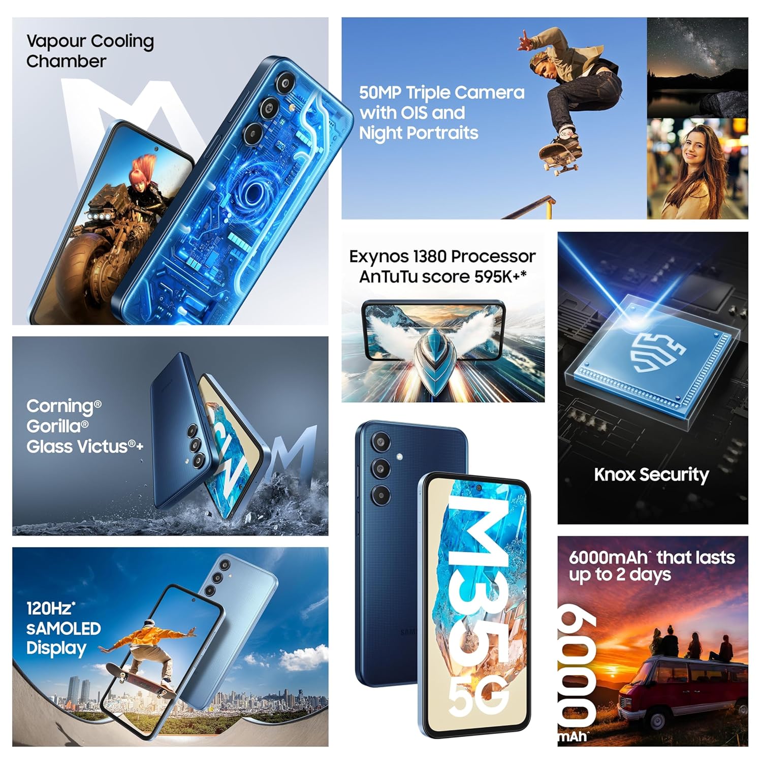 Samsung Galaxy M35 5G (Moonlight Blue,8GB RAM,128GB Storage)| Corning Gorilla Glass Victus+| AnTuTu Score 595K+ | Vapour Cooling Chamber | 6000mAh Battery | 120Hz Super AMOLED Display| Without Charger Mahajan Electronics Online