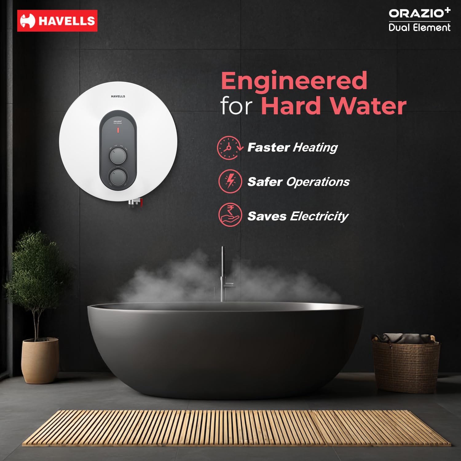 Havells ORAZIO+ 25L Storage Water Heater(Geyser)|5 Star Rated|33% Faster Heating|Dual adjustable knob|Whirlflow Technology|High Rise suitable|Safer to use| Feroglas Coated Inner Container (White Grey) HAVELLS