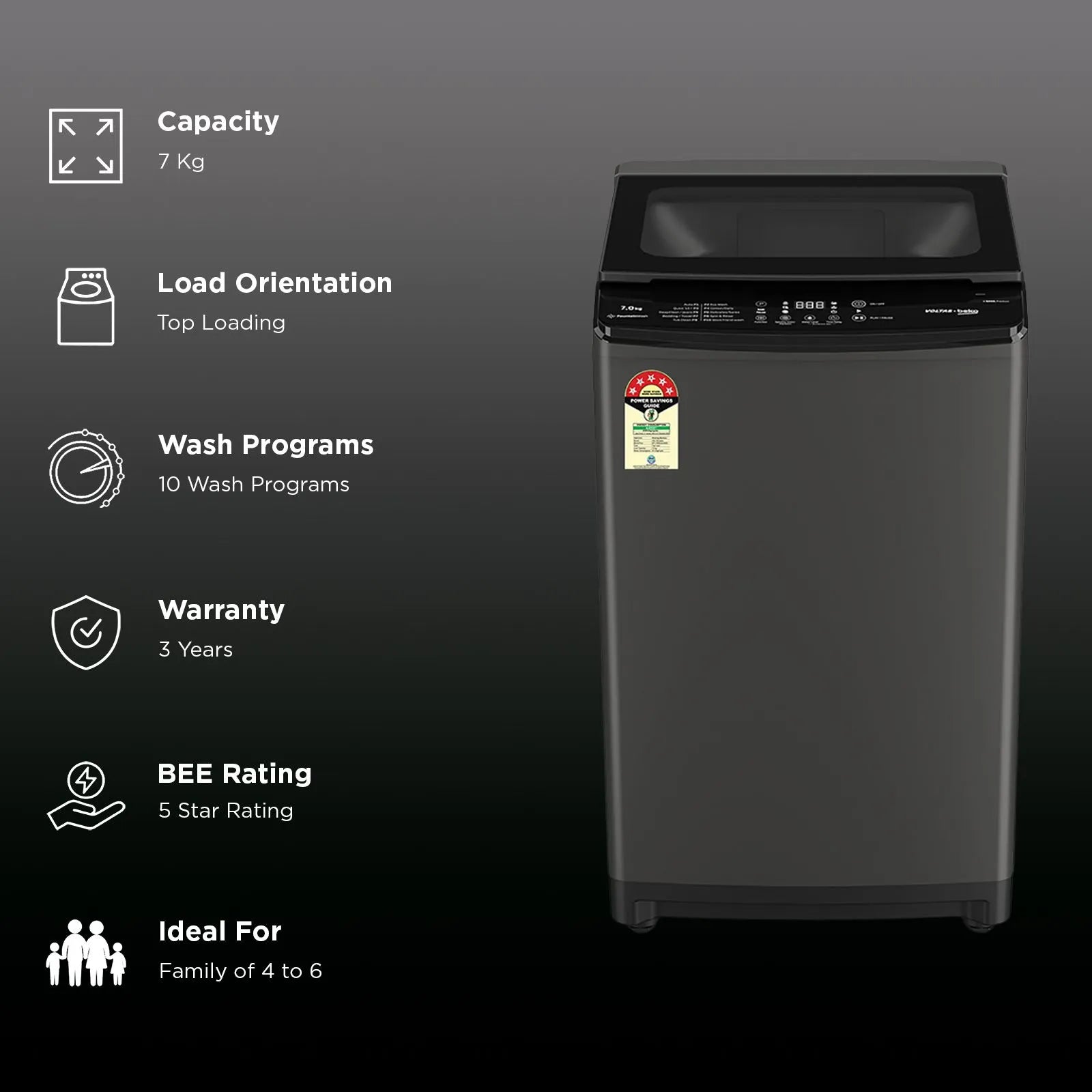 VOLTAS beko WTL7006UAA/SPC0OD 7 Kg 5 Star Fully Automatic Top Load Washing Machine ( Aqua Wave Drum, Medium Grey) Mahajan Electronics Online