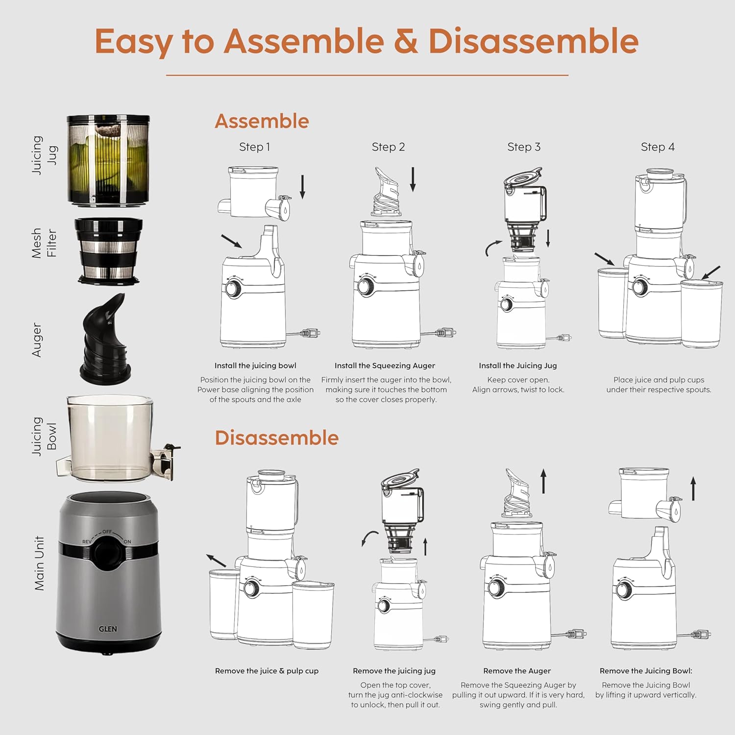 Glen SA-4015HSJ Cold Press Juicer for Home, 200W, 108mm Large Feed, 0.8L Juice & 0.7L Pulp Cup, 2 Size Filter, Low Noise RPM, Fruit & Vegetable Slow Juicer Machine, Easy Clean Mahajan Electronics Online