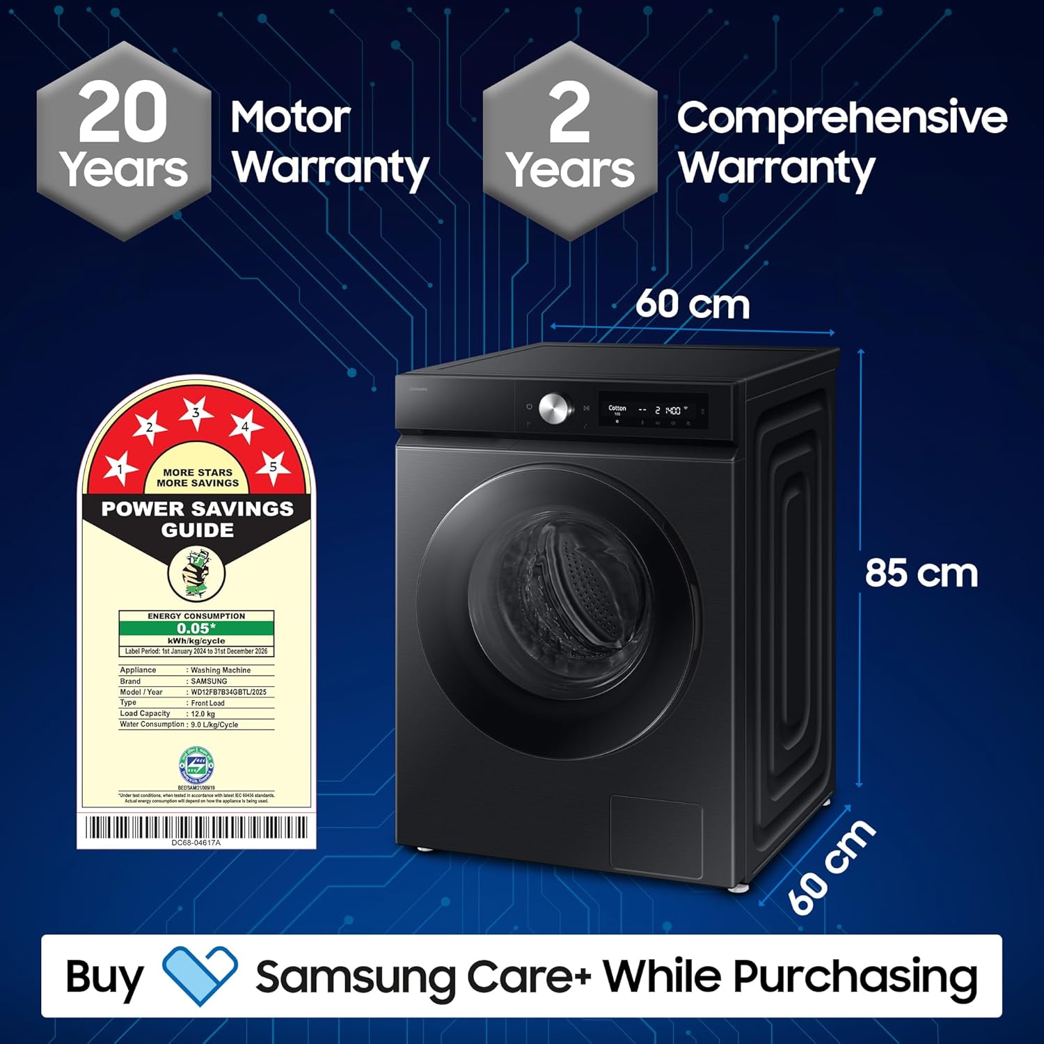 Samsung WD12FB7B34GBTL 12 kg (Wash) / 7 kg (Dry), 5 Star, AI EcoBubble, AI Control, AI Energy Mode, Air Wash, Hygiene Steam, Wi-Fi, Digital Inverter, Fully-Automatic Front Load Washer Dryer ( Black) Mahajan Electronics Online