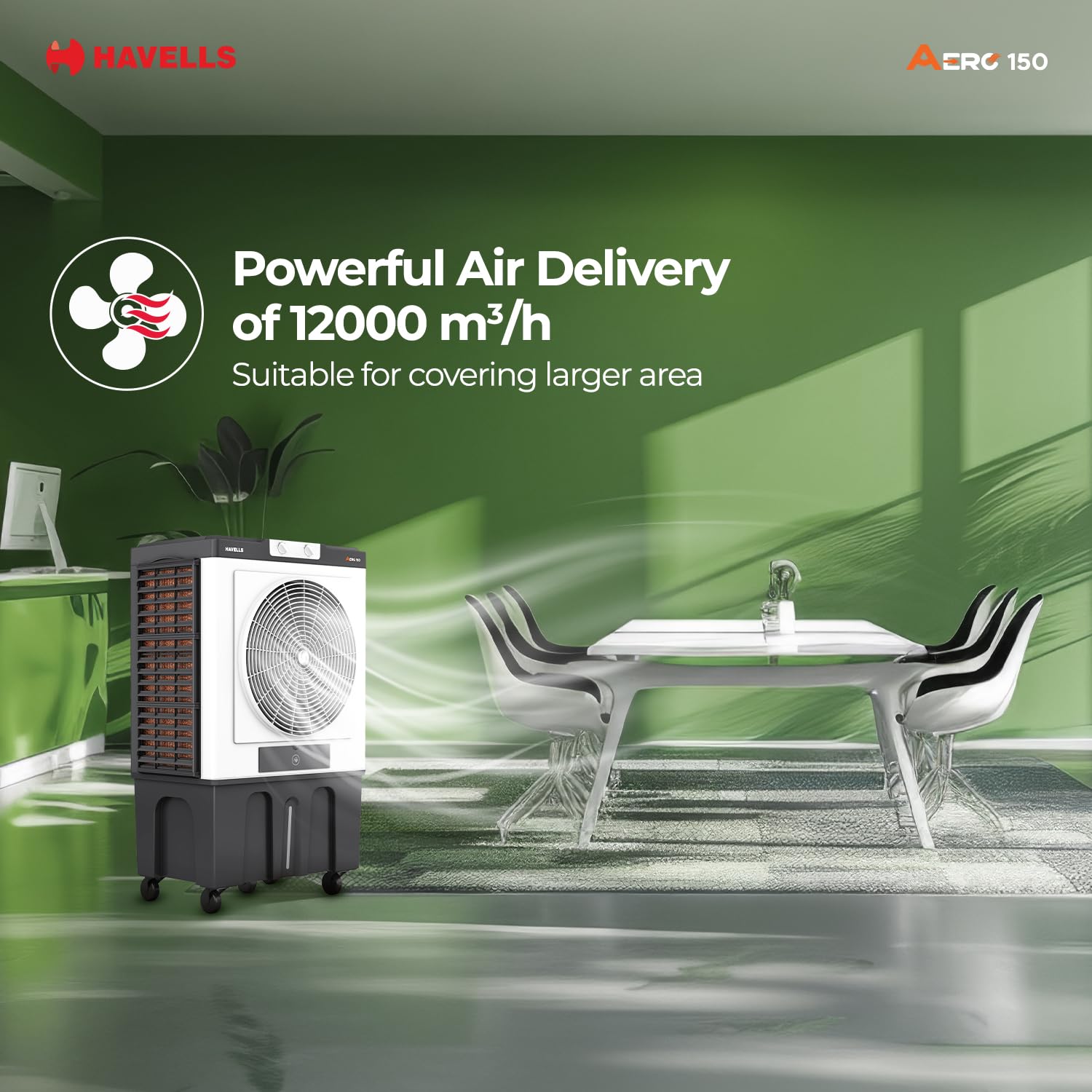 Havells 150L Aero Premium Desert Cooler | Auto Fill | XXL Ice Chamber | 3 Side Cooling Pads | Dust Filter | Heavy Duty Air Throw | Grey