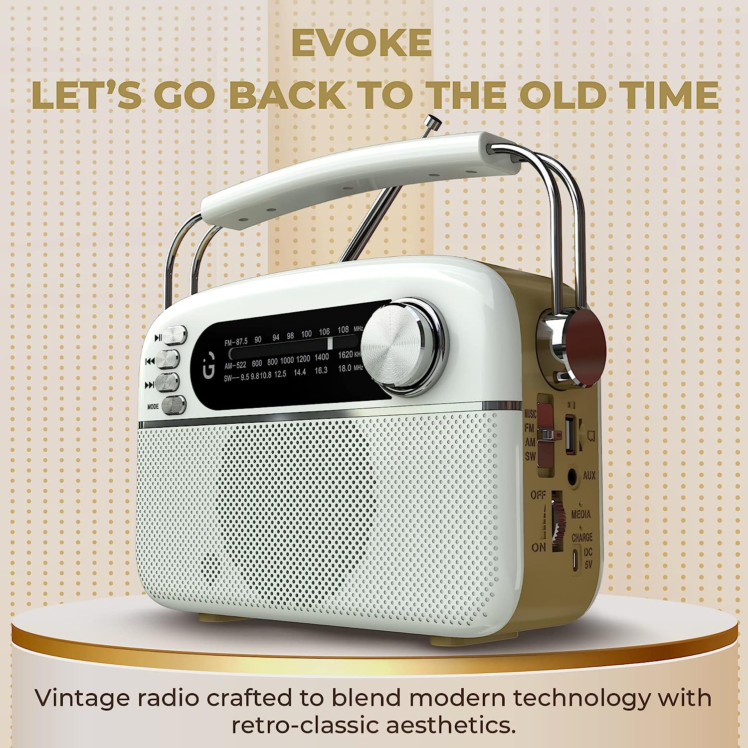 iGear Evoke Retro Modern style Radio and MP3 player with FM/AM/SW, 3 bands, Bluetooth speaker, USB, TF/SD Card, 1200mAh rechargeable battery, Solar charger