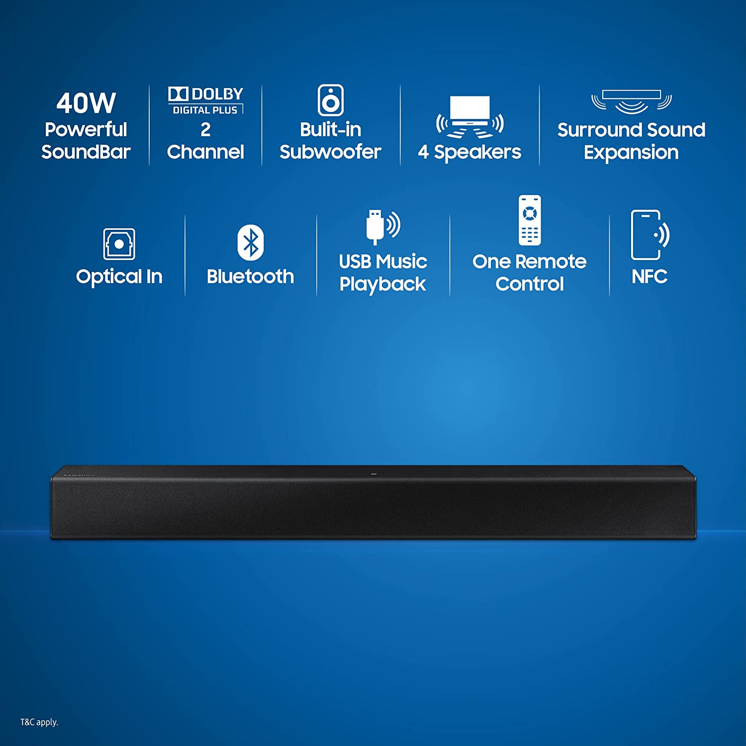 Samsung 2.0 ch (HW-T400/XL) Soundbar with Built-in Subwoofer, Dolby 2Ch, NFC, USB Music Playback, Bluetooth Enabled (Black)