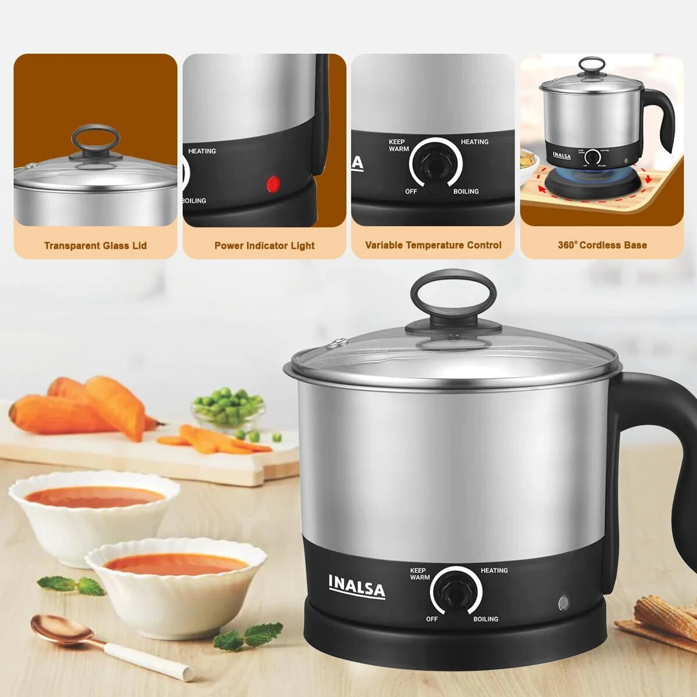 Inalsa Multi Cook Nu Multi Purpose Cooker for Soup Maggi Pasta Noodles Eggs Meals Electric Kettle (1.5 L) INALSA