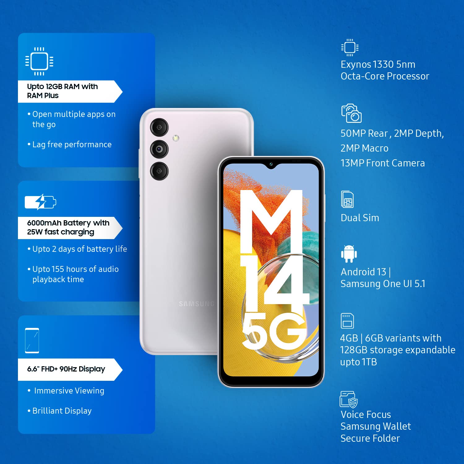 Samsung Galaxy M14 5G (ICY Silver, 6GB, 128GB Storage)  | 50MP Triple Cam | 6000 mAh Battery | 5nm Octa-Core Processor | 12GB RAM with RAM Plus | Android 13 | Without Charger