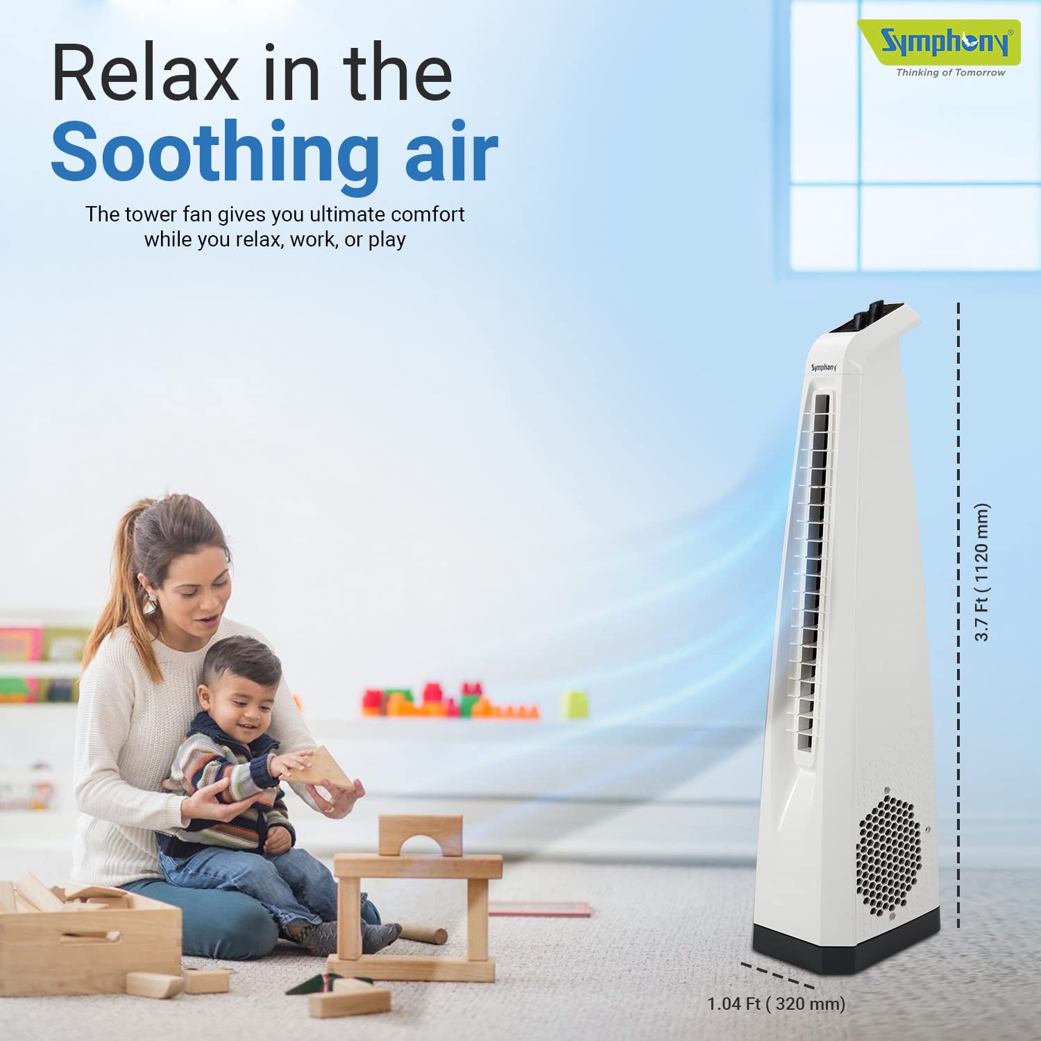 Symphony Surround Bladeless Tower Fan for Room & Office | High-Speed with Swivel Action & Simple Knob Control | Low Power Consumption | 1 Year Warranty | White Mahajan Electronics Online