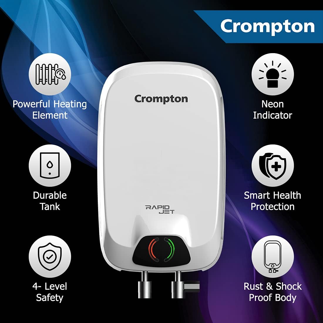 Crompton Rapid Jet 5-L Instant Water Heater with Advanced 4 level Safety (White) Mahajan Electronics Online