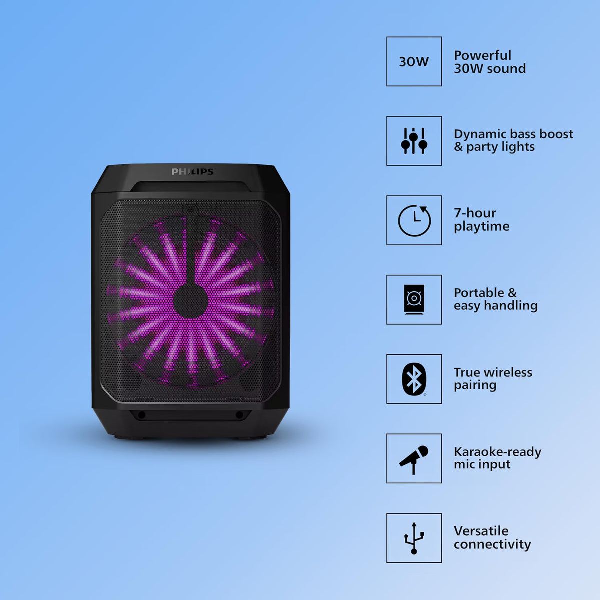 PHILIPS TAX2208 Bluetooth Party Speaker with Free Wired Mic, 8 Speaker System, 30W Max Sound Output, Up to 7H Playtime, Dynamic Bass Boost, Party Light Modes, True Wireless Pairing, Portable (Black) Philips