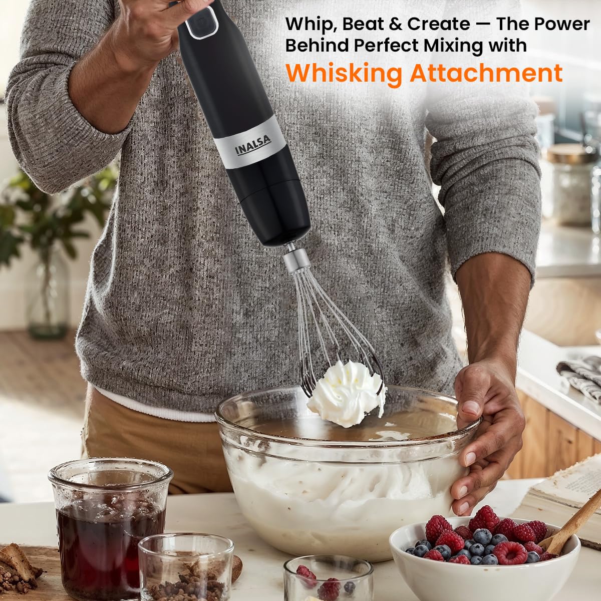INALSA Robot INOX 1350 Blend Hand Blender Mixer|1350W Copper Motor|Chopper,Coffee Beater/Frother,Whisker&Jar Attachment|Low Noise|20 Speed Control&Turbo Mode|BPA Free|Anti-Splash|2-Yr Warranty, N Froth INALSA