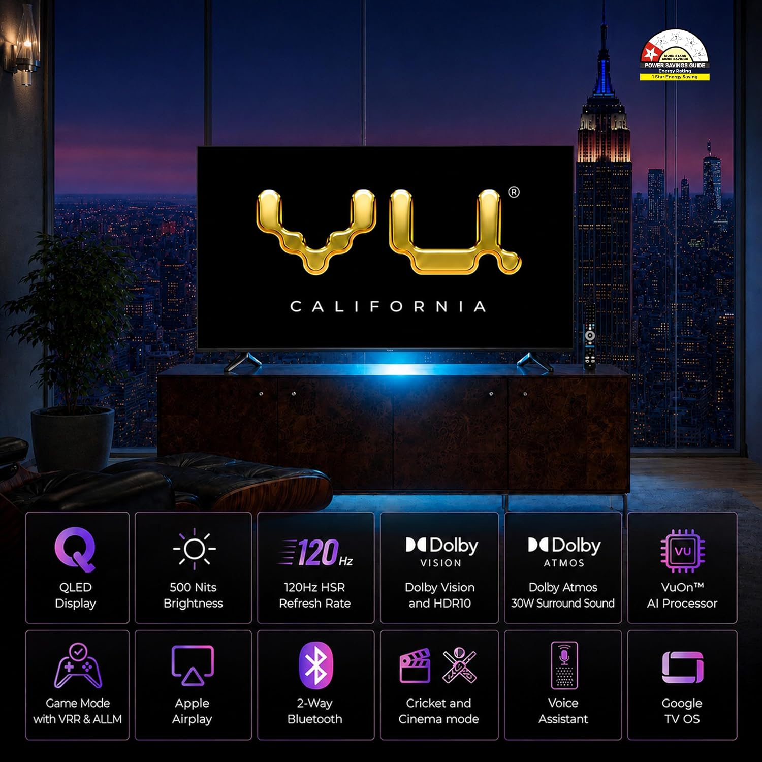 Vu GLO43QLEDDV  California 108cm (43 inches) GloQLED Smart Google 4K TV 2026 | 400Nits Glo Brightness Dolby Vision Picture I Dolby Atmos 30W VuFX Sound VU Technologies