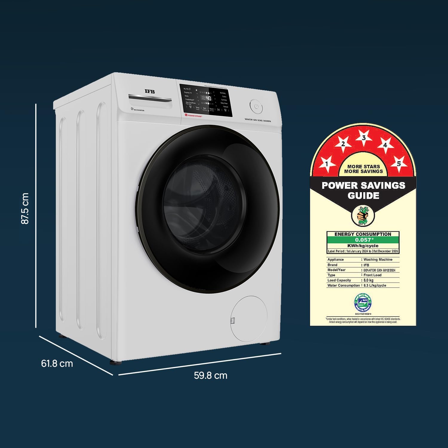 IFB SENATOR GXN 8012 CMS 8 Kg 5 Star, DeepClean® Technology, AI Powered, WiFi, Fully Automatic Front Load Washing Machine ( PowerSteam®, 9 Swirl, Steam Refresh, Inbuilt Heater, Eco Inverter, Grey)