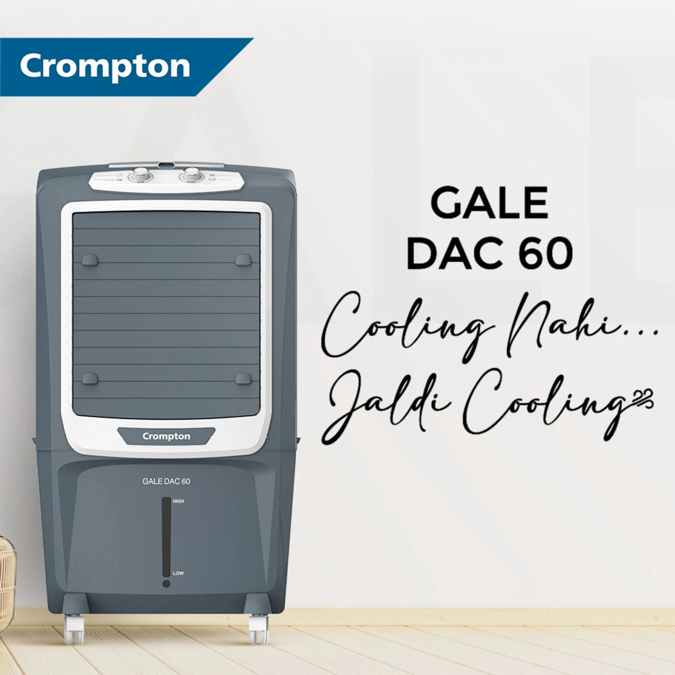 Crompton Gale DAC 60 Desert Air Cooler | 60L Tank | 4000 CMH Air Delivery | Ice Chamber | Everlast Pump | Inverter Compatible | For Rooms up to 470 Sq. Ft Mahajan Electronics Online