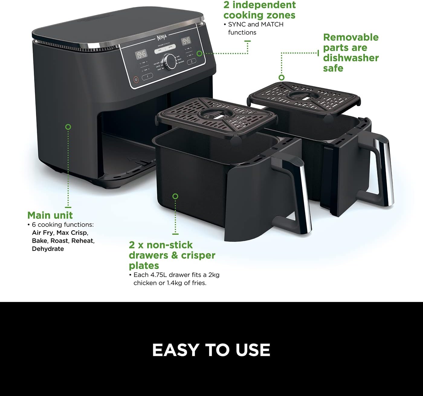 Ninja AF400 Foodi MAX Dual Zone Digital AirFryer, 2 Drawers, 9.5L, 6-in-1, Uses No Oil, Air Fry, Max Crisp, Roast, Bake, Reheat, Dehydrate, Cook 8 Portions, Non-Stick Dishwasher Safe Baskets, Black Mahajan Electronics Online