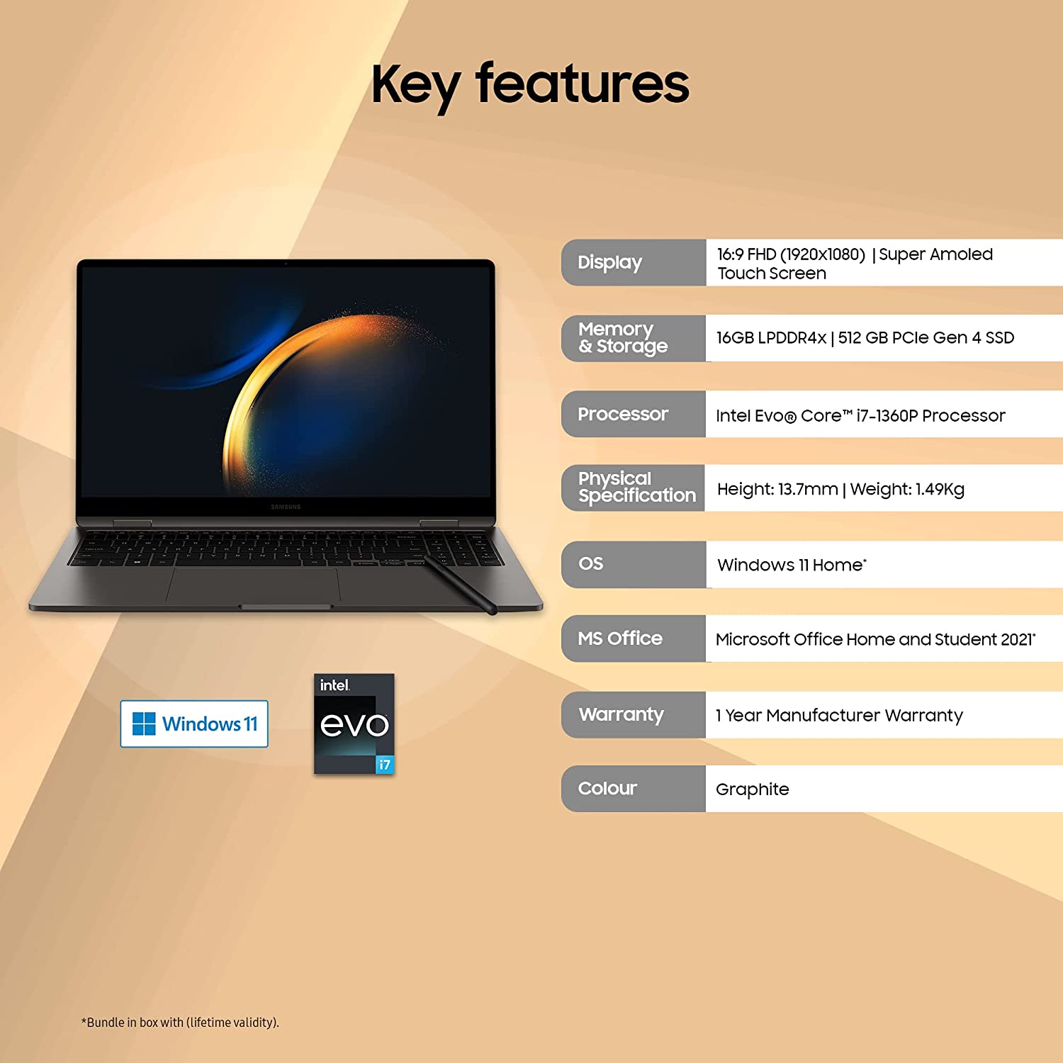 Samsung Galaxy Book3 360 Intel 13th Gen i7 EvoTM 39.6cm(15.6") Super Amoled 2-in-1 Touchscreen Laptop (16 GB/512GB SSD/Windows11/MS Office - Mahajan Electronics Online
