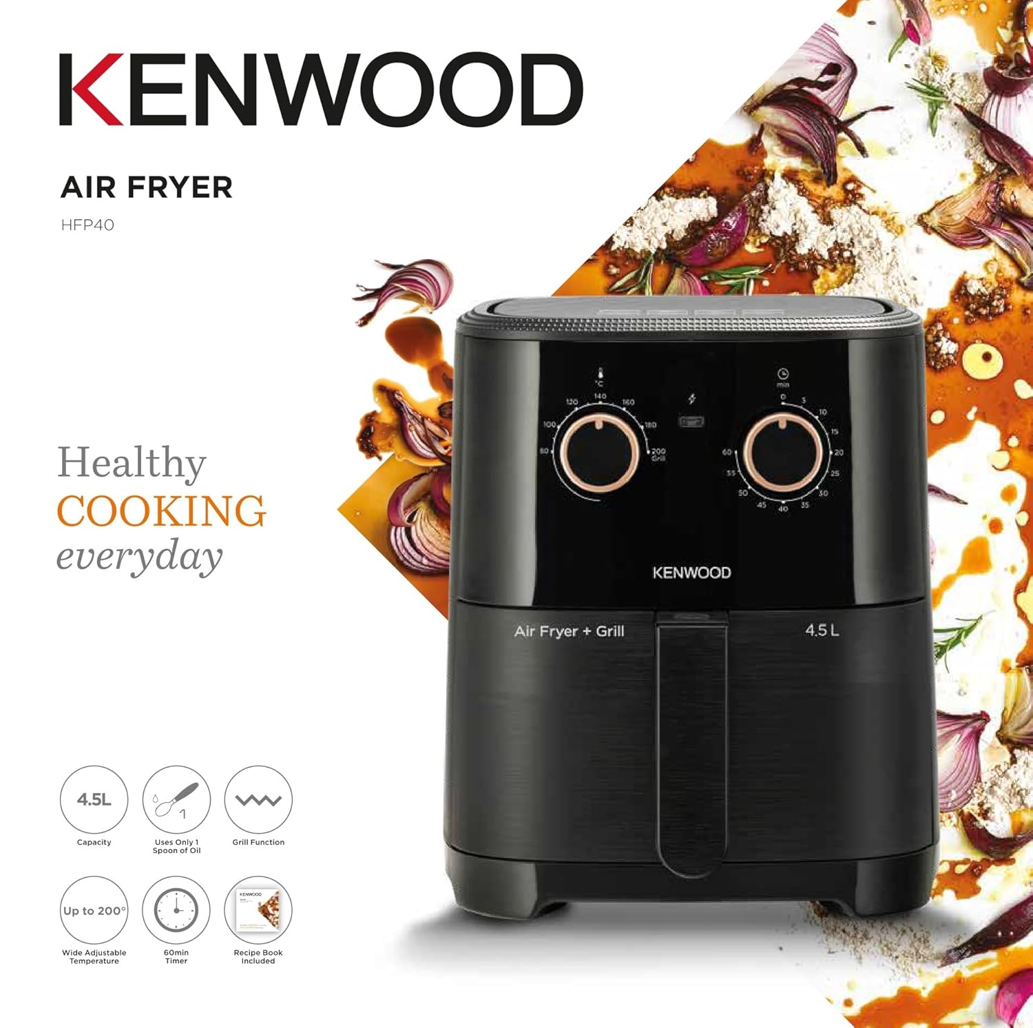 KENWOOD HFP40.000BK Airfryer + Grill XL 4.5L 1300W Air Fryer with Grill Function, Recipe Book, Rapid Hot Air Circulation for Frying, Grilling, Broiling, Roasting, Baking and Toasting  Black Mahajan Electronics Online