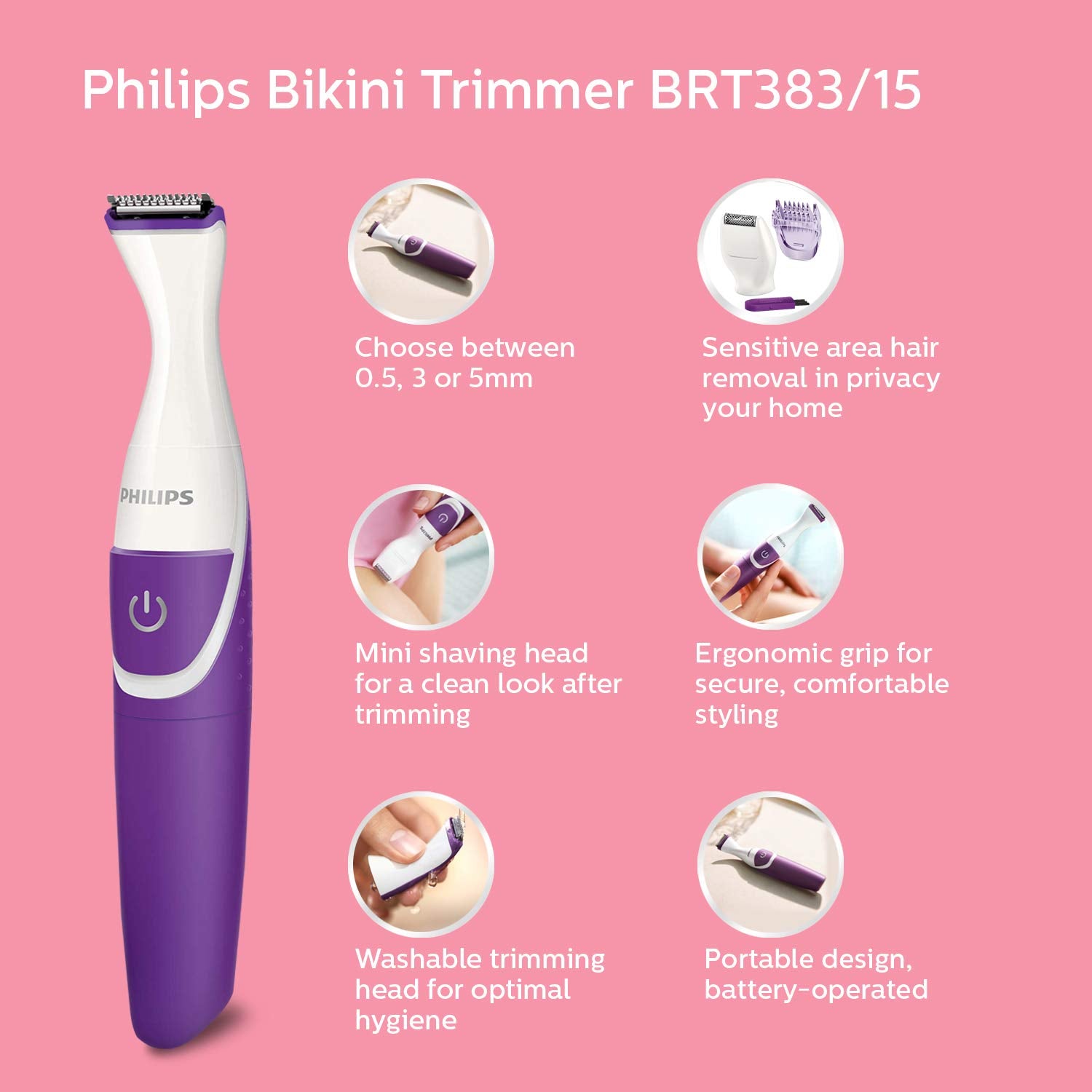 Philips BRT383 15 Bikini Trimmer for Women Rechargeable Cordless Wet