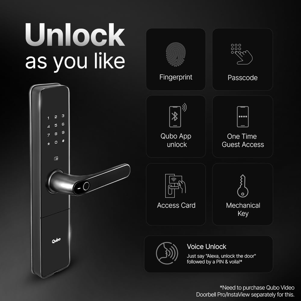 QUBO Smart Door Lock Ultra from Hero Group | 7-Way Unlocking | 5 Bolts | Fingerprint | Remote Unlocking via OTP | PIN | Access Card | Mobile App | Mechanical Key | 3 Years Brand Warranty | (Black) OC-HLM09BL1 Mahajan Electronics Online