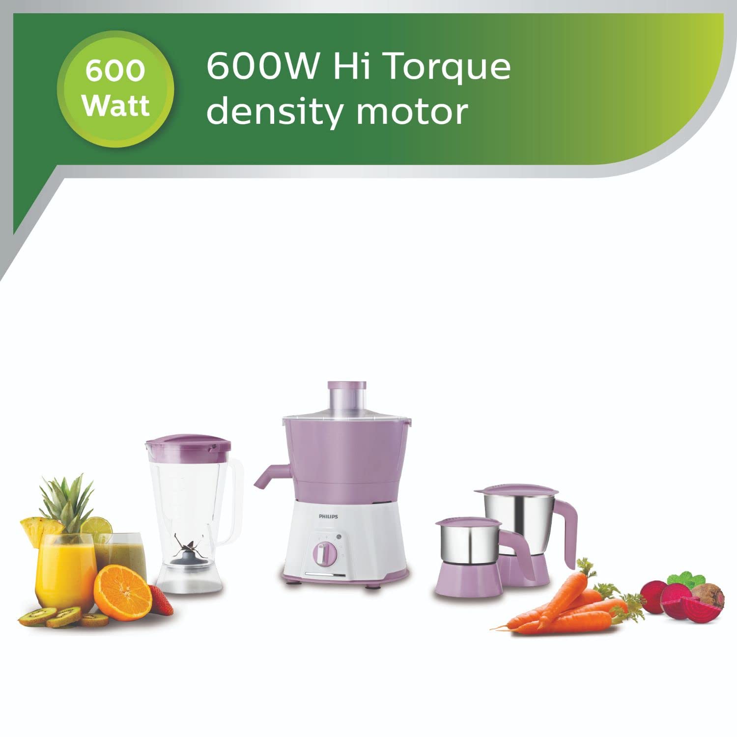 Philips HL7581 600W Juicer Mixer Grinder with 3 Jars, XL Feeding Tube & Turbo Power Motor – Pink (Avenger 600 Series)