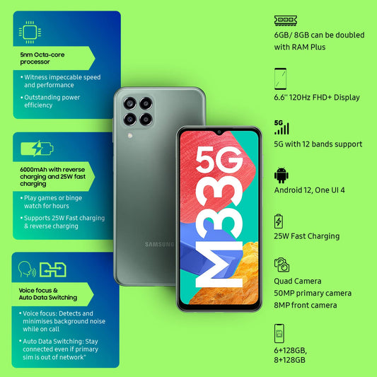 Samsung Galaxy M33 5G (Mystique Green, 8GB, 128GB Storage) | 6000mAh Battery | Upto 16GB RAM with RAM Plus | Without Charger - Mahajan Electronics Online