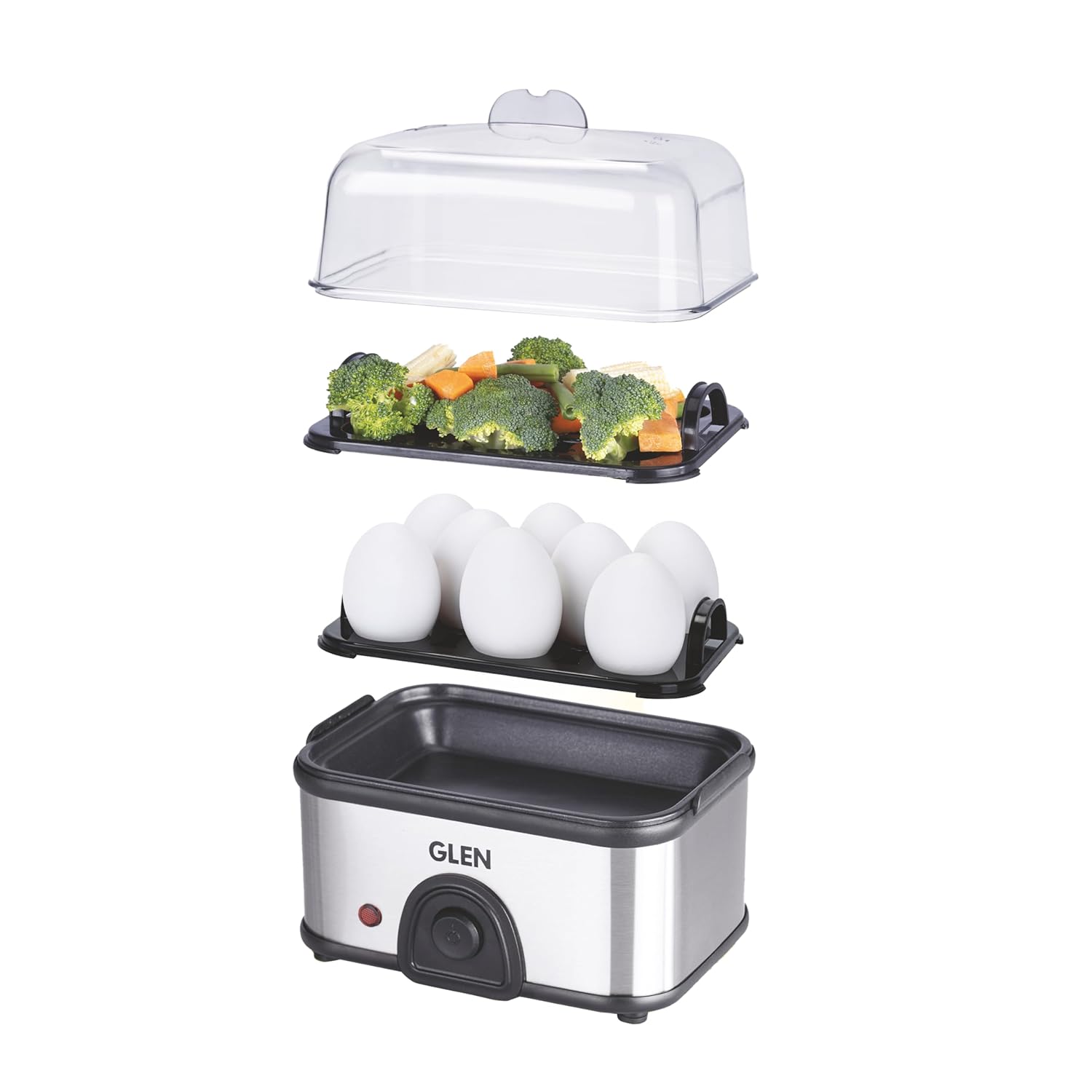 Glen SA3035 MC PLUS 3 in 1 Electric Multi Cooker Steam Egg Boiler with Extra Layer Rack - Steam, Cook & Boil, 350W, 45 Minutes Timer, Boils up to 14 Eggs at a time, boil dry protection with lid (Copy) Mahajan Electronics Online