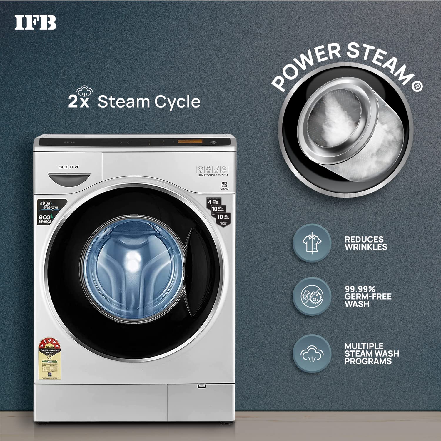 IFB 9 Kg 5 Star Front Load Washing Machine 2X Power Steam (EXECUTIVE SMART TOUCH SXS, Silver, O2 Bubble Wash, 4 years Comprehensive Warranty)
