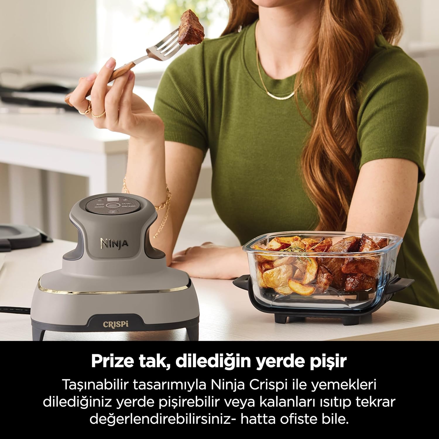 Ninja FN101EUST CRISPi Portable Air Fryer, 3.8 L, 4-in-1: Airfry, Roasting, Keeping Warm, Crispy Warming, Space-Saving Compact Design, 2 Removable Glass Trays & Lids, 1700W, Stone Mahajan Electronics Online