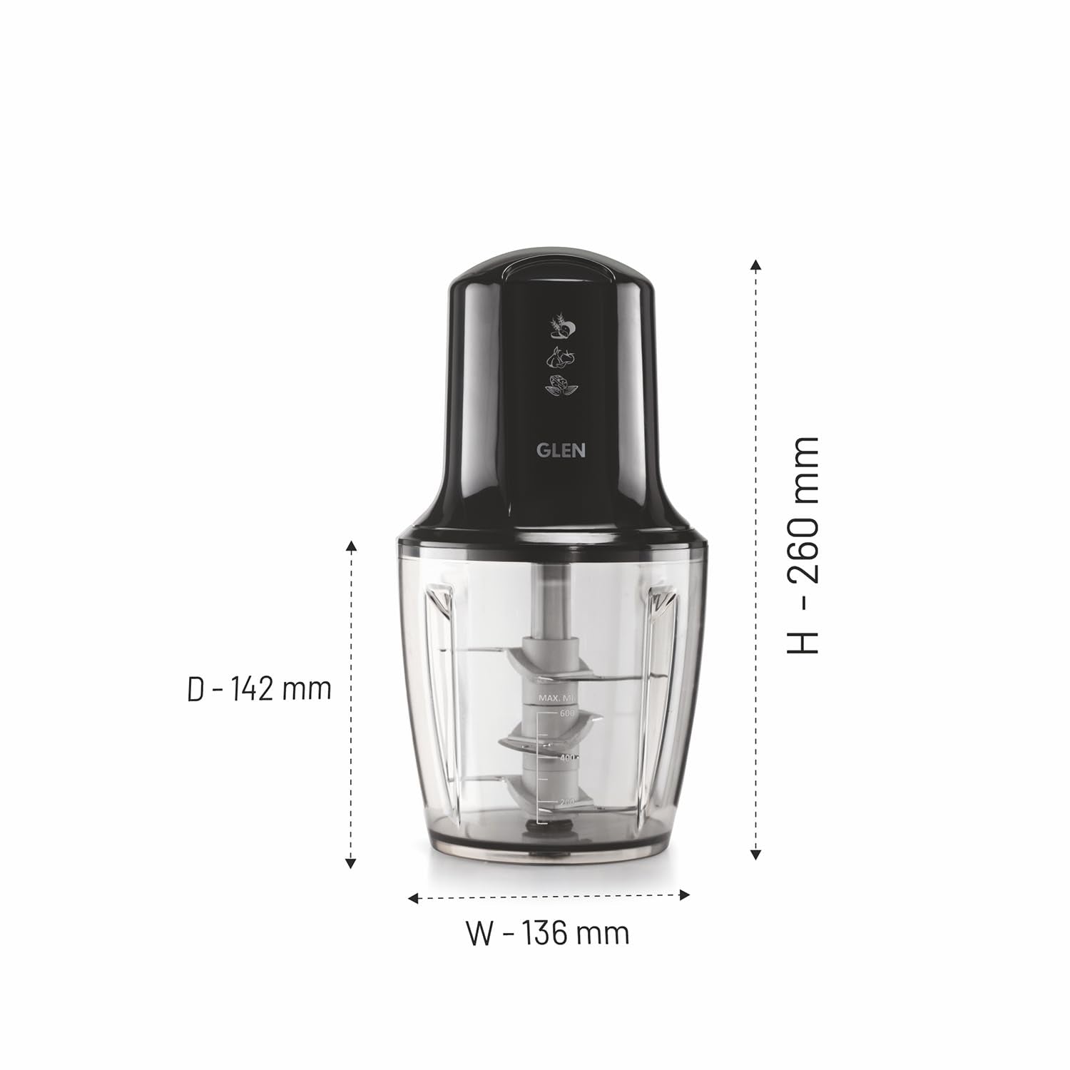 Glen SA 4042TU PLUS 300 Watts Electric Chopper for Kitchen Use, Large 600ml Bowl, Triple SS Blade Technology, Fruit & Vegetable Cutter, with Whisking Disc, Chops Onion & Nuts - Black Mahajan Electronics Online
