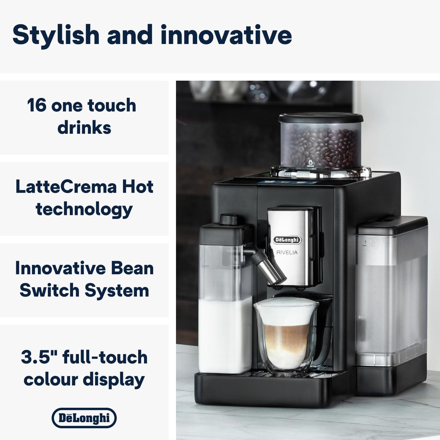 De'Longhi Rivelia EXAM440.55.B Fully Automatic Coffee Machine – LatteCrema Hot, Automatic Milk Frother, Bean-to-Cup, 16 Coffee Recipes, Compact Design, Full Touch Color Display – Black Mahajan Electronics Online