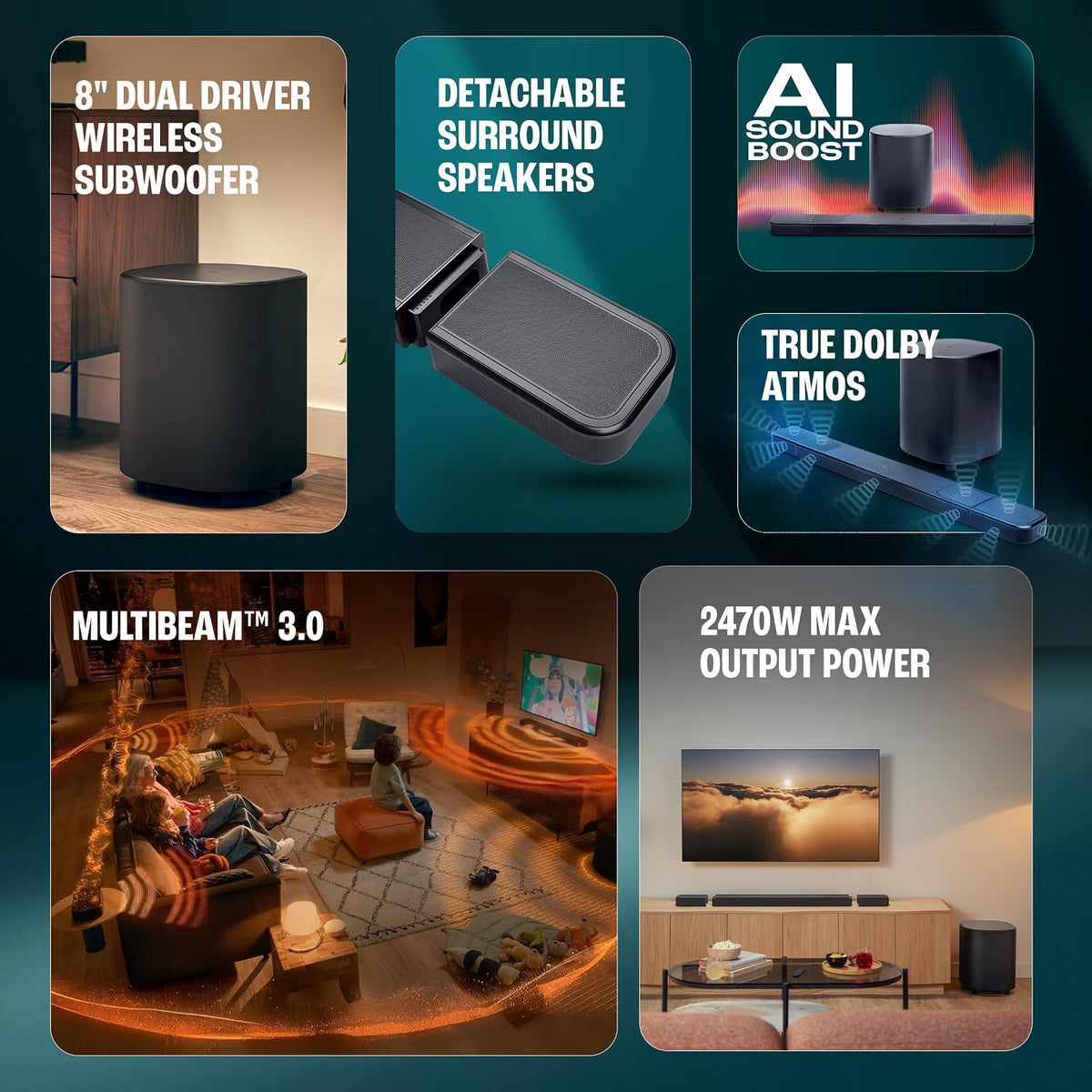 JBL  Bar 1000 MK2, 11.1 (7.1.4) Channel Truly Wireless Soundbar with True Dolby Atmos®, DTS:X, & MultiBeam™ Surround Sound, 10” Down-Firing Wireless Subwoofer, HDMI eARC, WiFi, One App, 960W Jbl