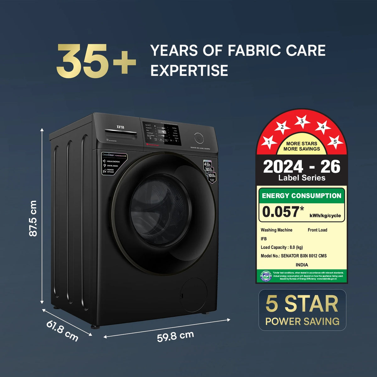 IFB SENATOR BXN 8012 CMS 8 Kg 5 Star AI Powered Front Load Washing Machine | WiFi | PowerSteam® | Steam Refresh | Eco Inverter | Black IFB