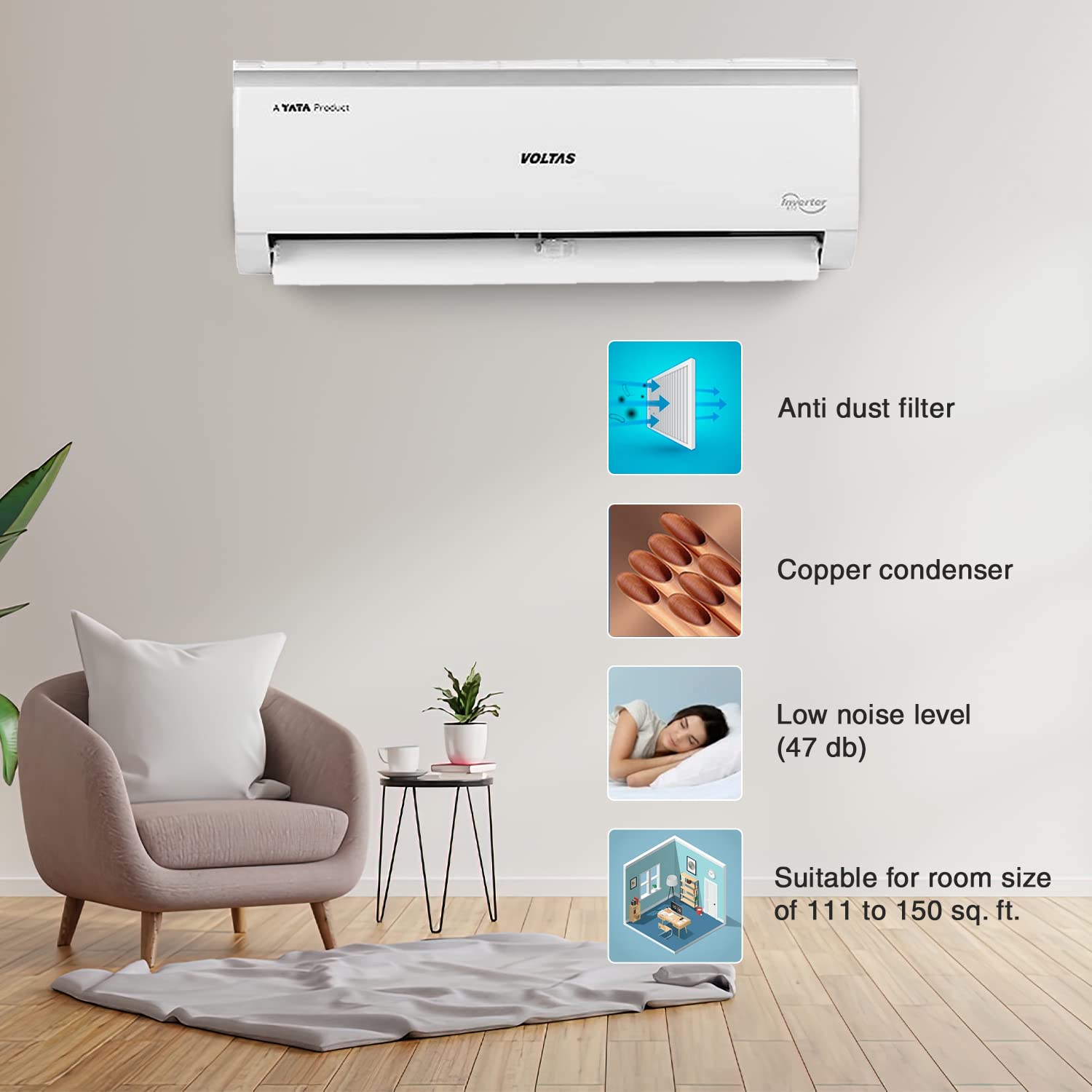 Voltas 1.5 Ton 5 Star, Inverter Split AC(Copper, 4-in-1 Adjustable Mode, Anti-dust Filter, 2023 Model,185V Vectra Elite, White)