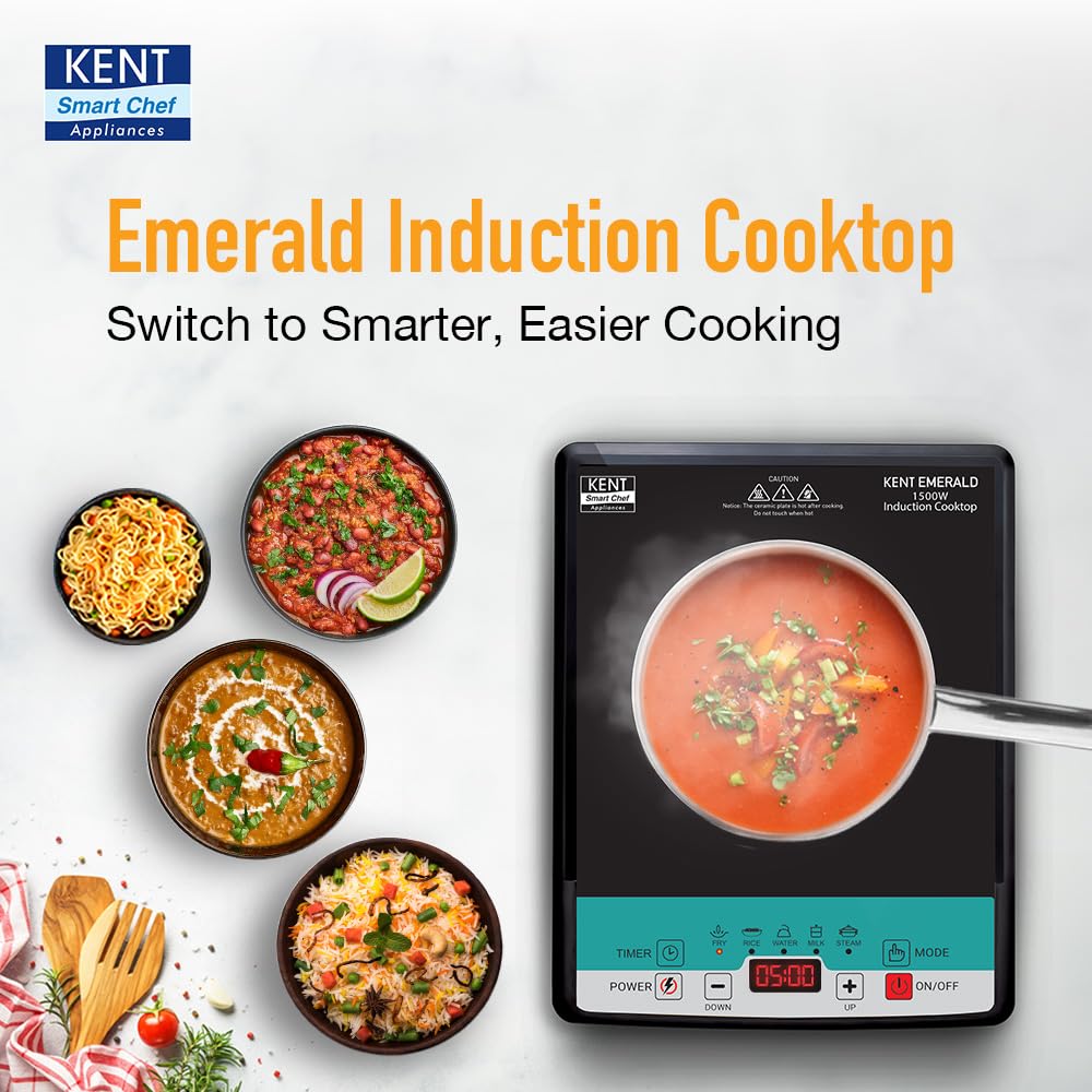 KENT Emerald Induction Cooktop 1500W|Faster Cooking With 5 Preset Options|Full Microcrystalline Glass|Adjustable Temperature Function|Overheat Protection|Safe Cooking And Easy Cleaning,Black Mahajan Electronics Online