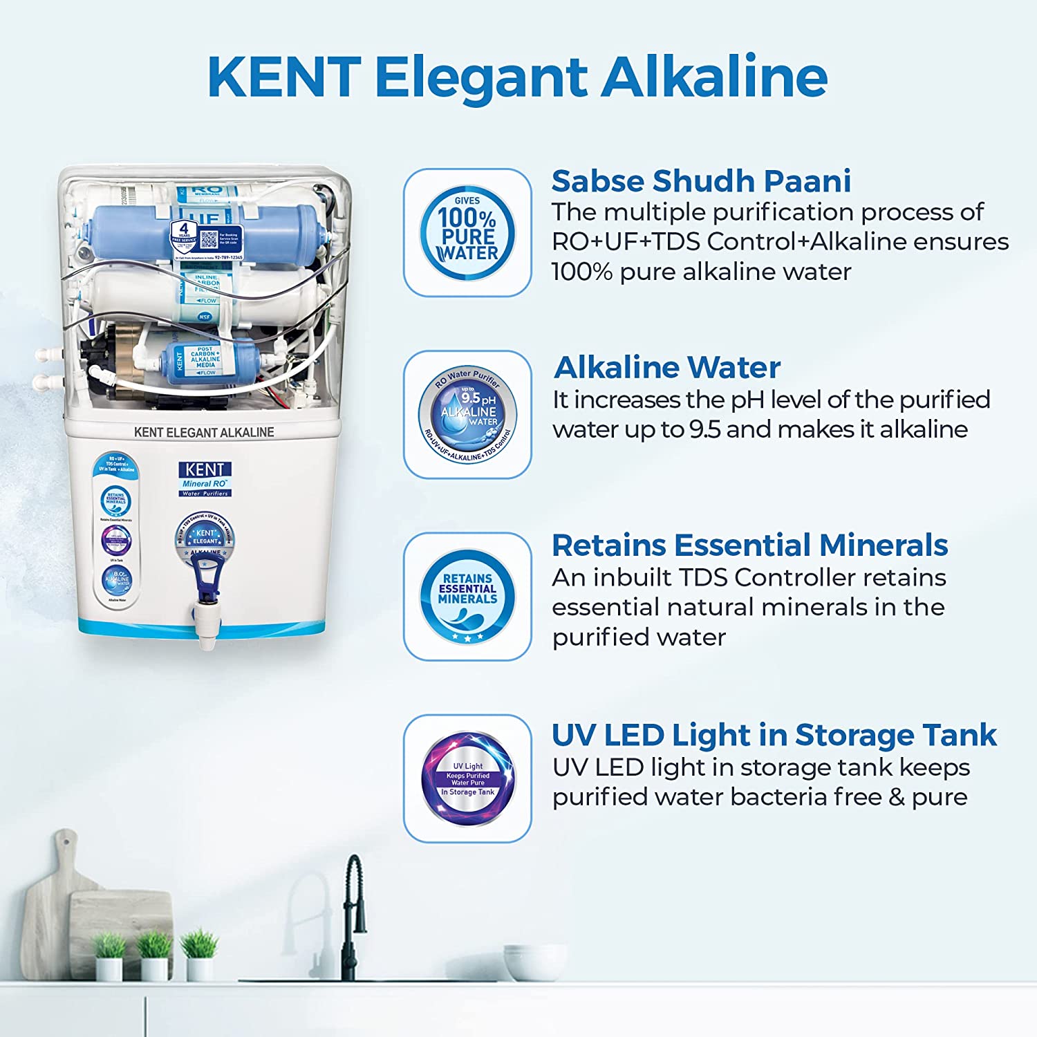 KENT Elegant Alkaline Compact RO+UF Water Purifier, Alkaline pH 8+ Water, Patented Mineral RO Technology, RO + UF + Alkaline + TDS Control + UV In-tank, 8L Storage, - Mahajan Electronics Online