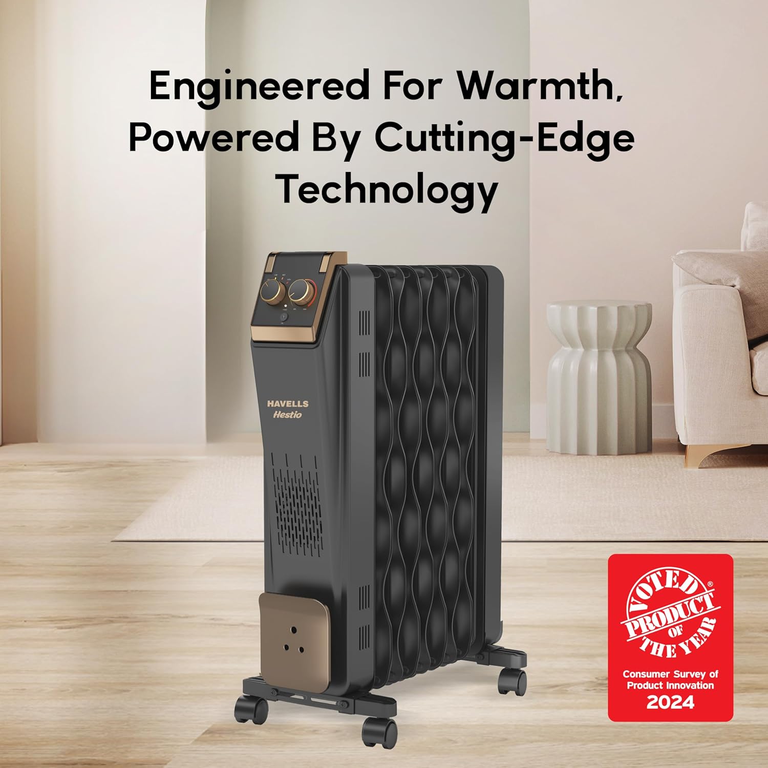 Havells GHROFCJK240 9 Fin Hestio Wave Fin OFR (Oil Filled Radiator)|Room Heater|2400 W|3 Heat Settings & PTC Fan Heater|Inclined Control Panel|Retractable Wheels| Comfortable Breathing|360° Heating (Black) Mahajan Electronics Online