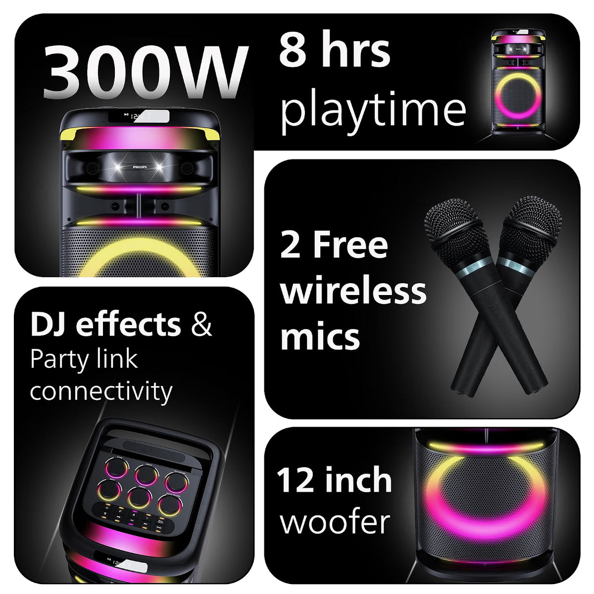 PHILIPS TAX3004 300W Bluetooth Party Speaker with 2 Free Wireless Mic, Powerful Sound, Deep Bass, RGB Lights, LED Display, Portable Loudspeaker with USB, AUX, DJ Party Effects for House Party Philips