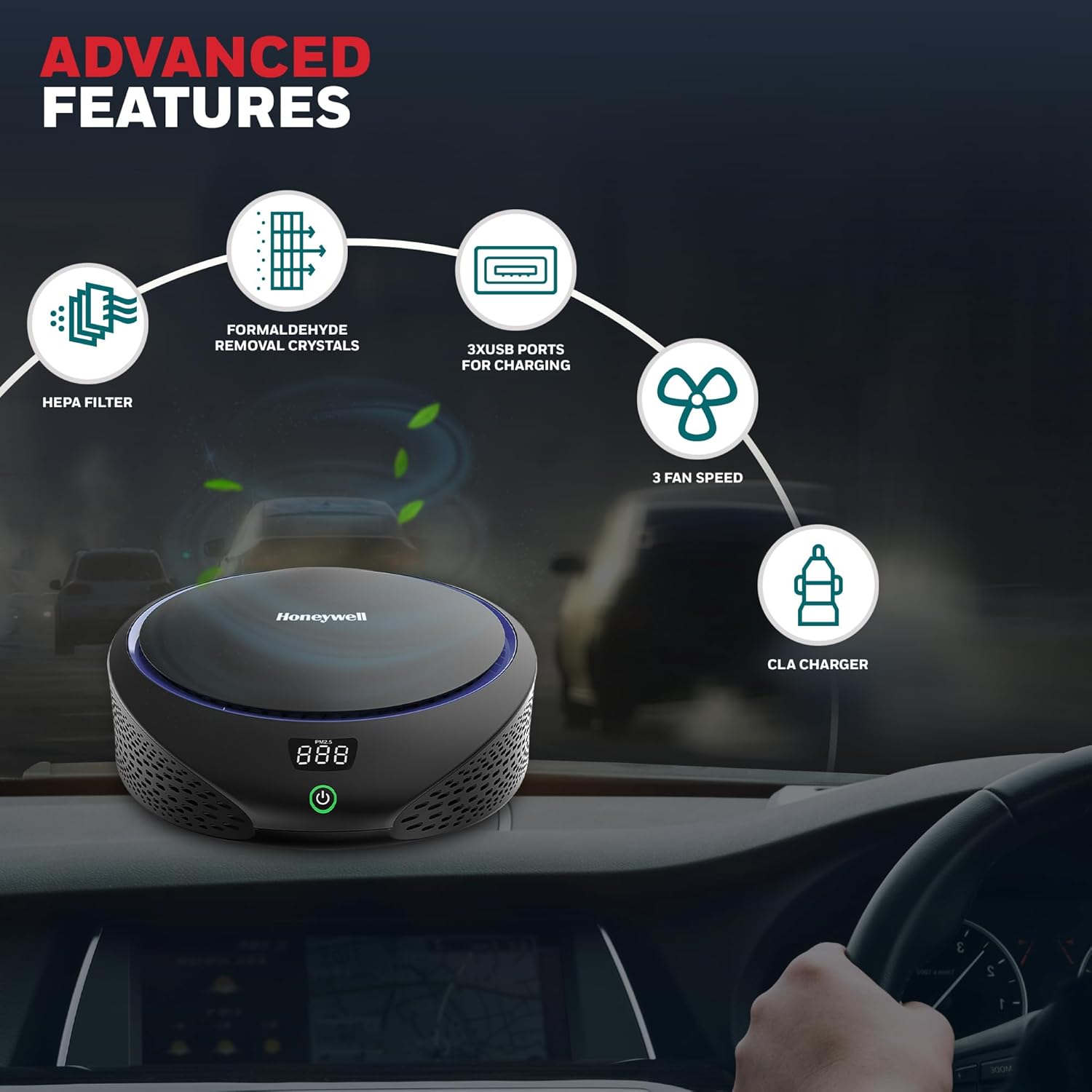 Honeywell New Launched Move Pure5 Car Air Purifier, 4-in-1 Filtration, HEPA filter, removes 99.99% of PM2.5 & PM10, odour, VOCs, dust, smoke, & harmful bacteria, 3XUSB ports, Compact & Easy Install Mahajan Electronics Online